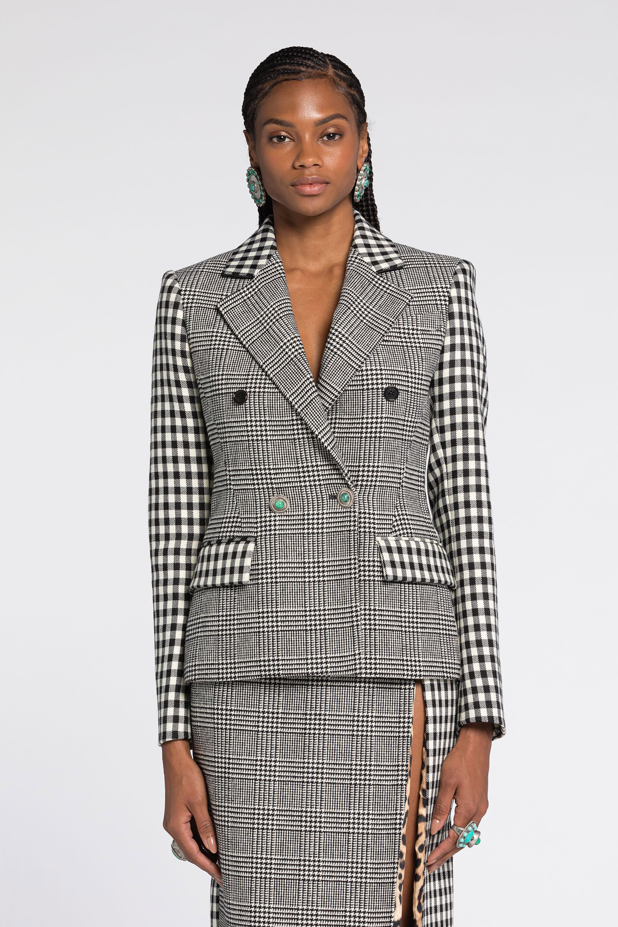 RC Houndstooth and Gingham Double-Breasted Blazer Black/White RKT404-GA007
