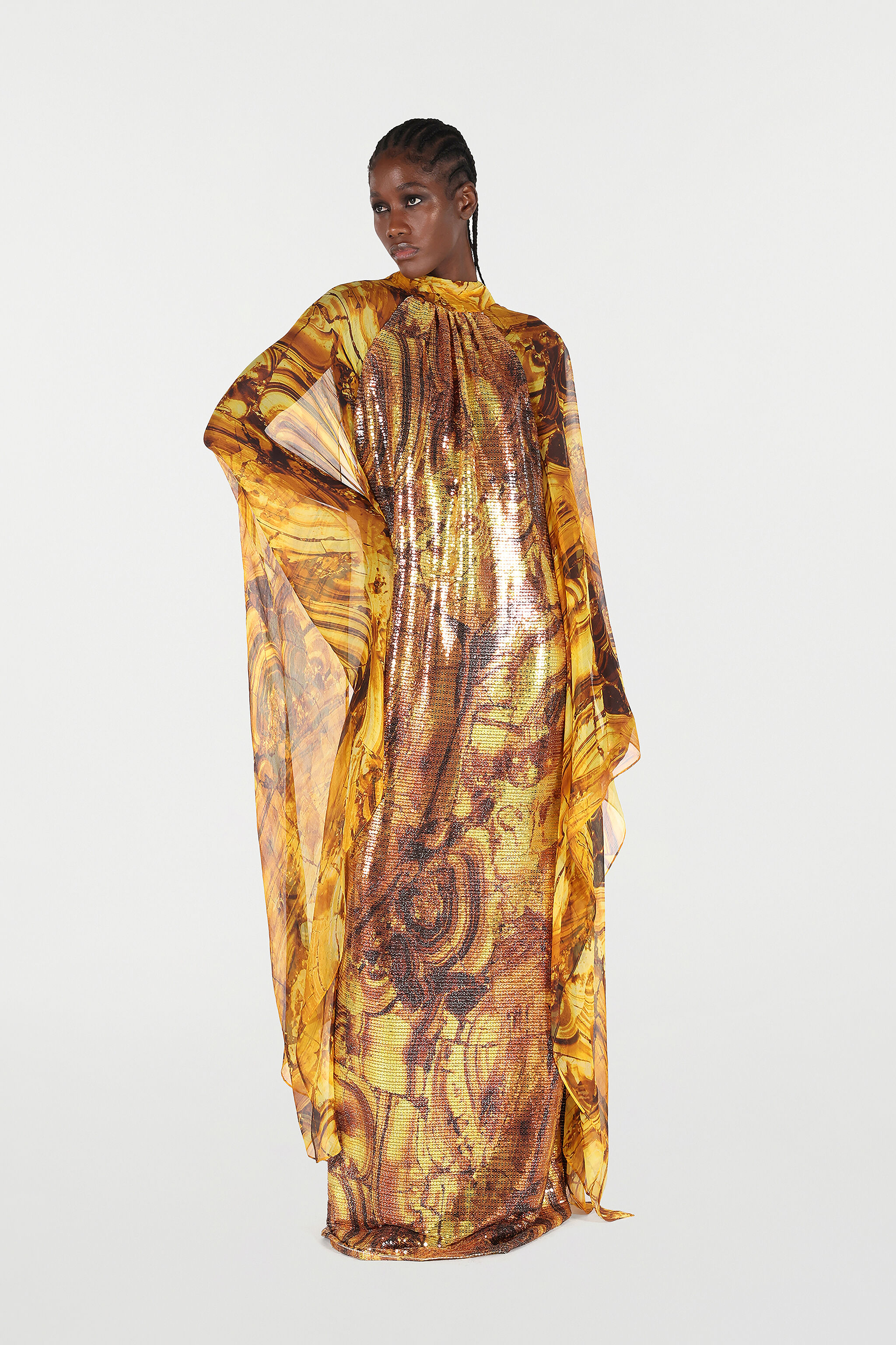 RC Silk Caftan Dress with Amber Print and Sequins Yellow VKT145-VXP74