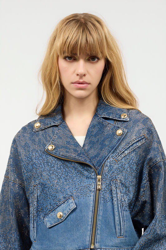 JC Cropped Denim Jacket With Rhinestones Light blue UFT195-UF261