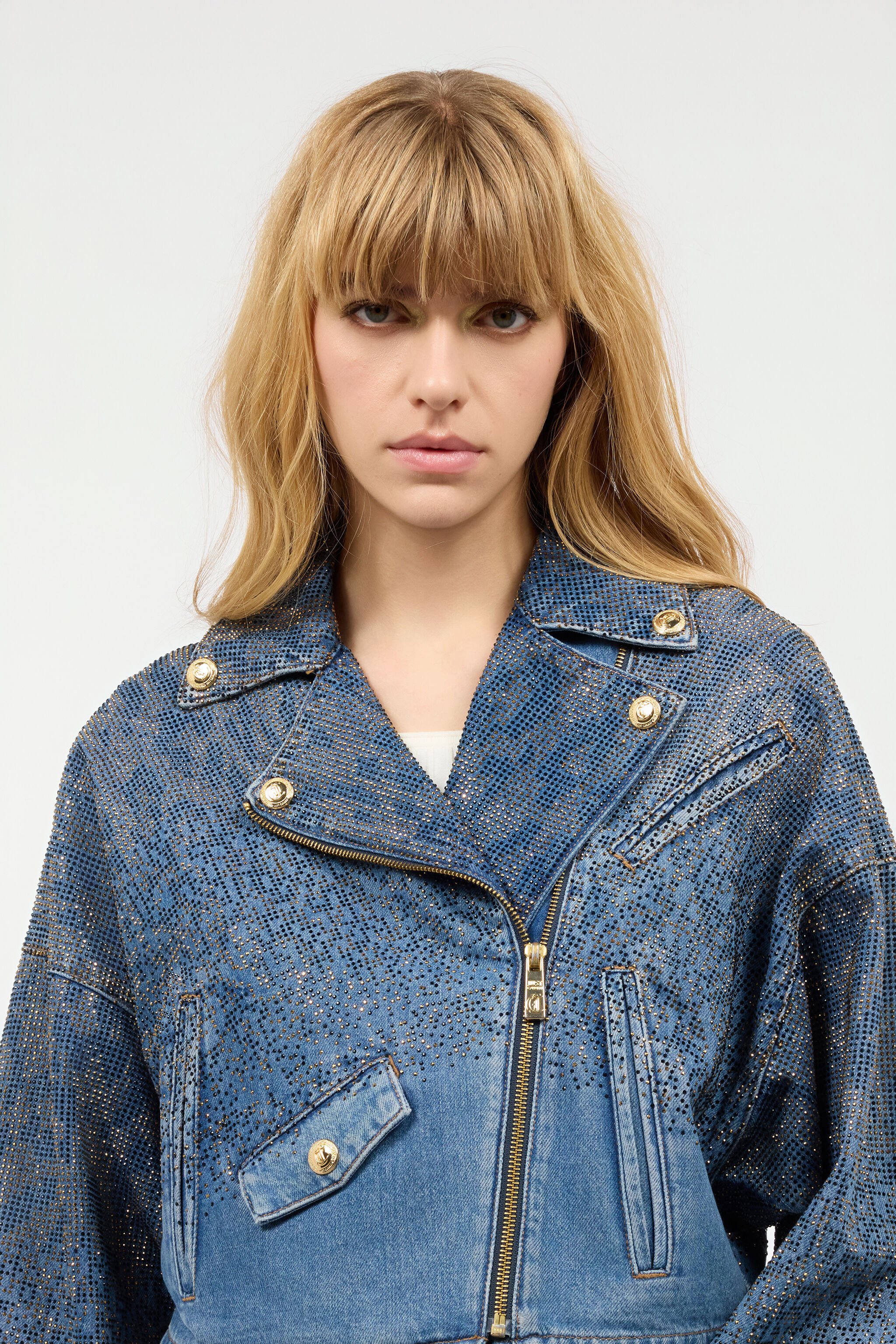 JC Cropped Denim Jacket With Rhinestones Light blue UFT195-UF261