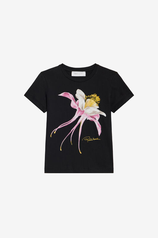 JU Black T-Shirt with Flower Print BLACK VJT62F-JD001