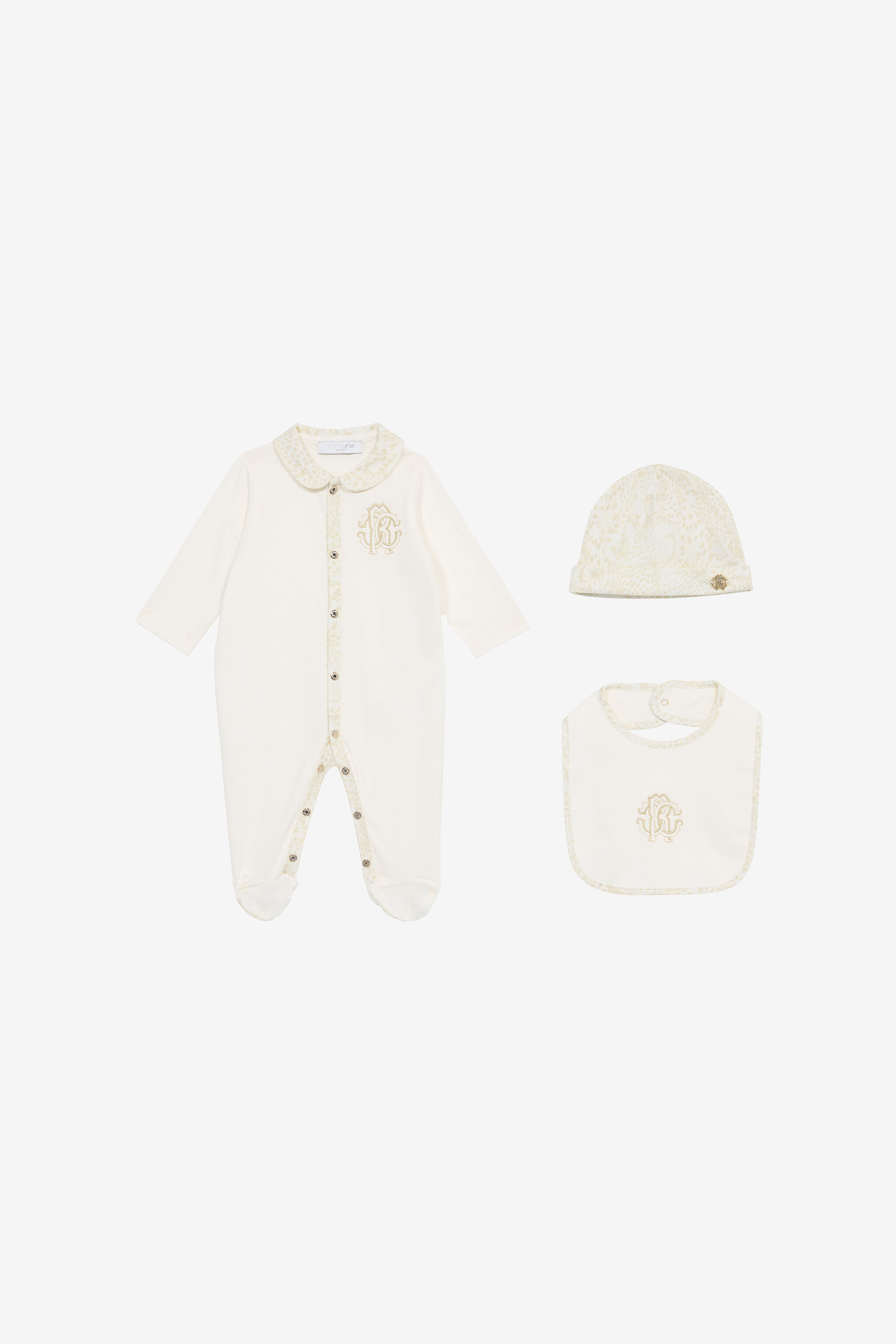 JU Cheetah-Print Hat, Bib And Romper Suit Set White UJT828-JD001