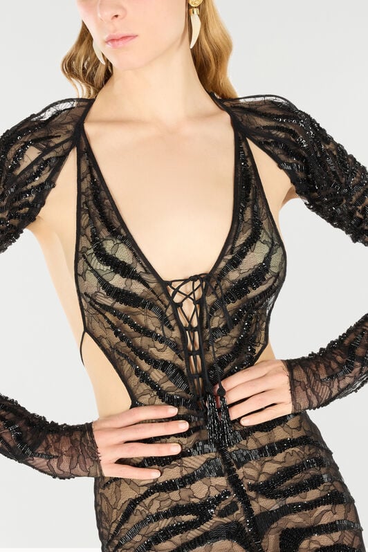 RC Long Ray Of Gold Sequined Dress Black UKR138-RT022