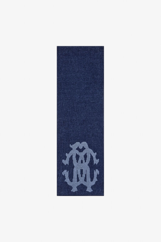 RC Cotton and Wool Blend Scarf with RC Monogram Dark blue TALR41-IR058
