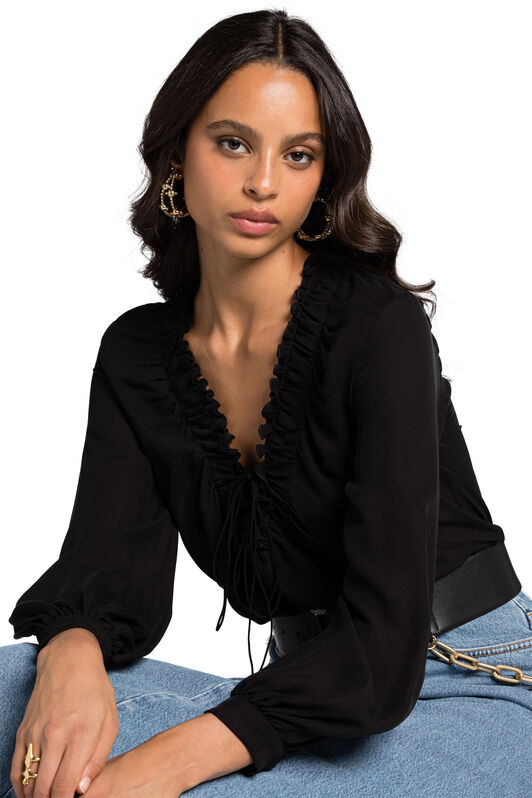 RC Ruffle-Trim Silk Top Schwarz KOT70A-SE016
