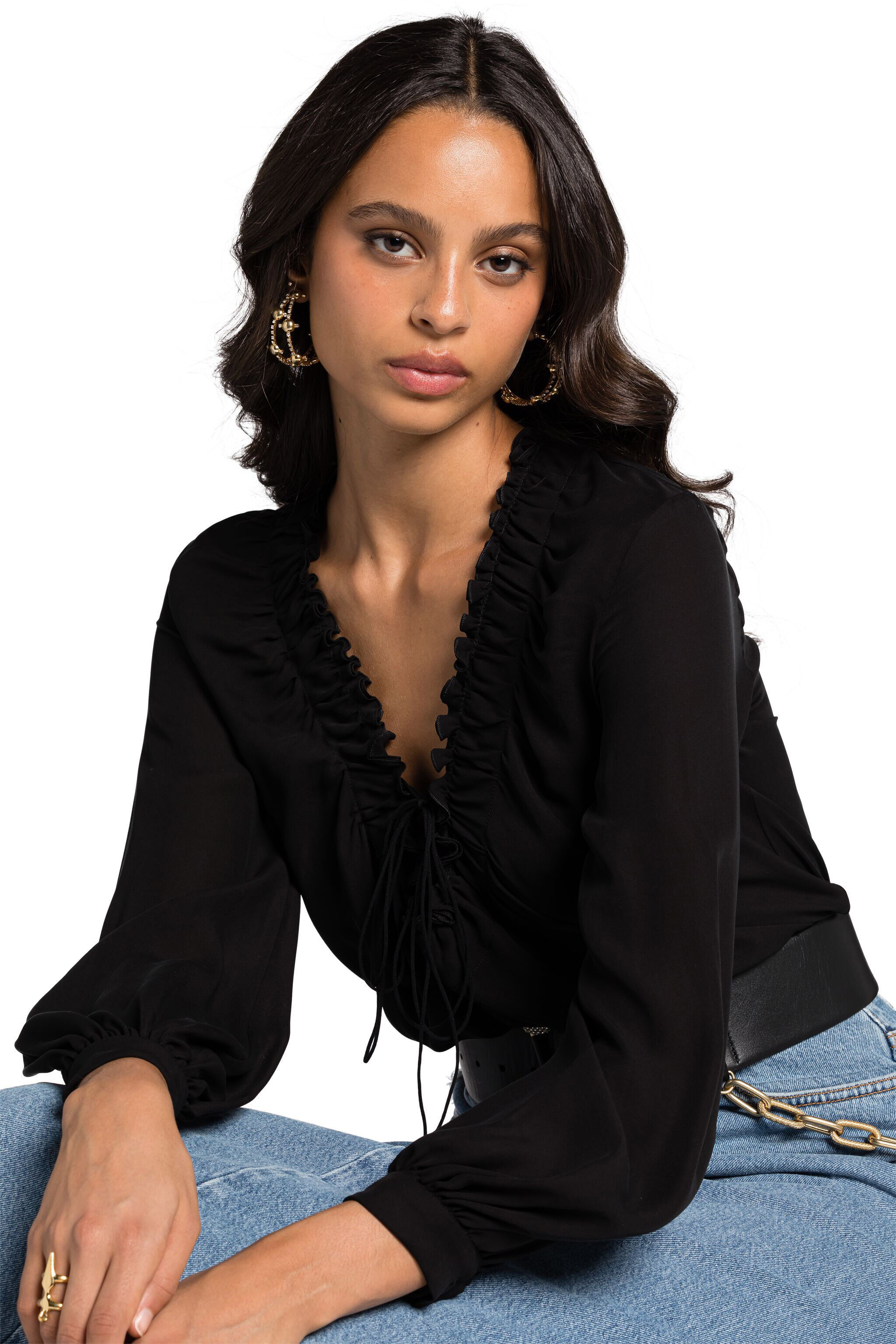RC Ruffle-Trim Silk Top Schwarz KOT70A-SE016