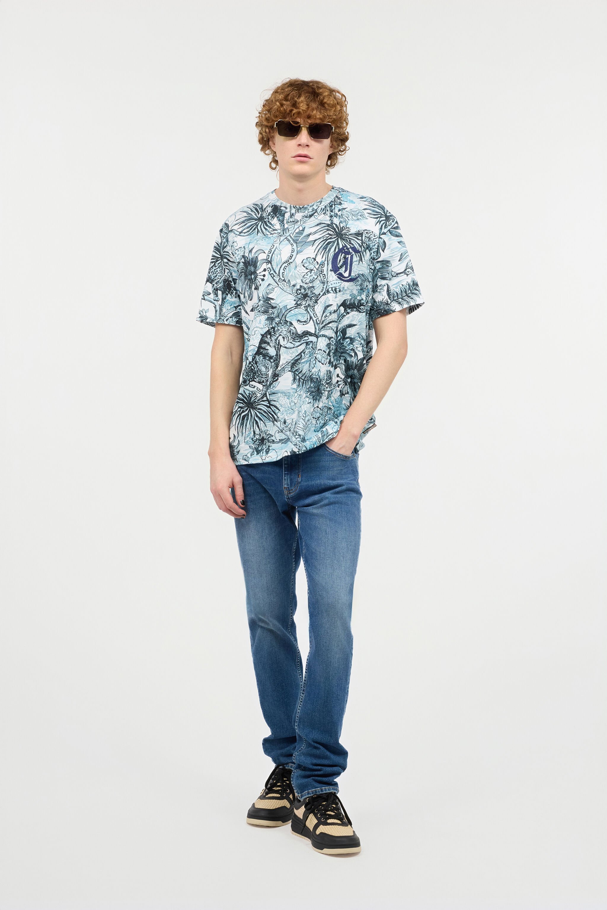 JC T-Shirt Con Stampa Jungle E Monogram Azzurro UFT042-UF062