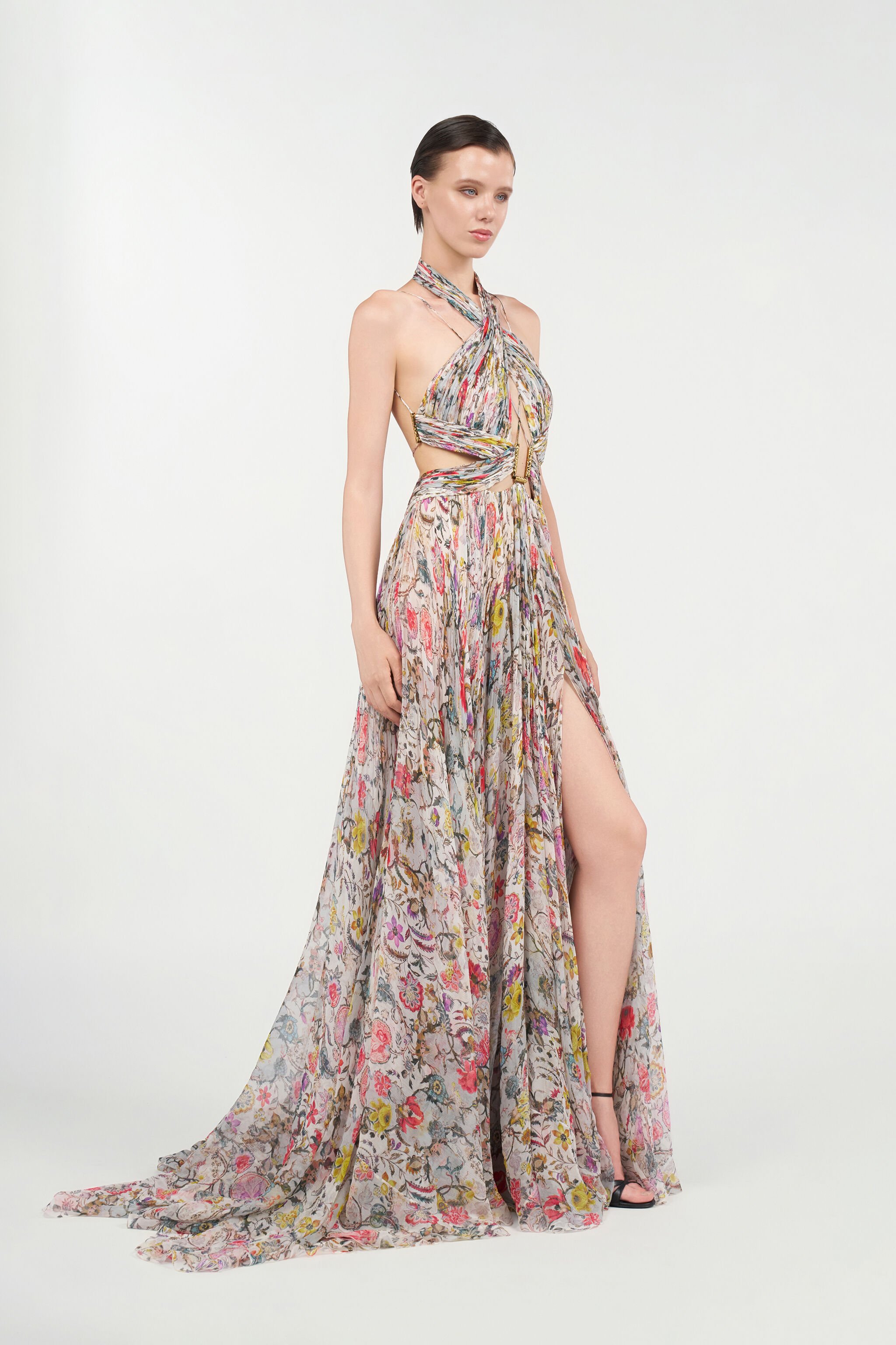 RC Langes Chiffonkleid mit Florentine Flowers Print BEIGE WQT129-CKR29