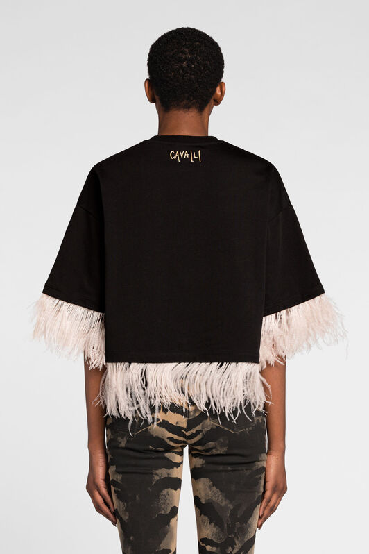 RC Feather-Trimmed Teeth-Print Cotton Crop Top Black NQT63B-JD070