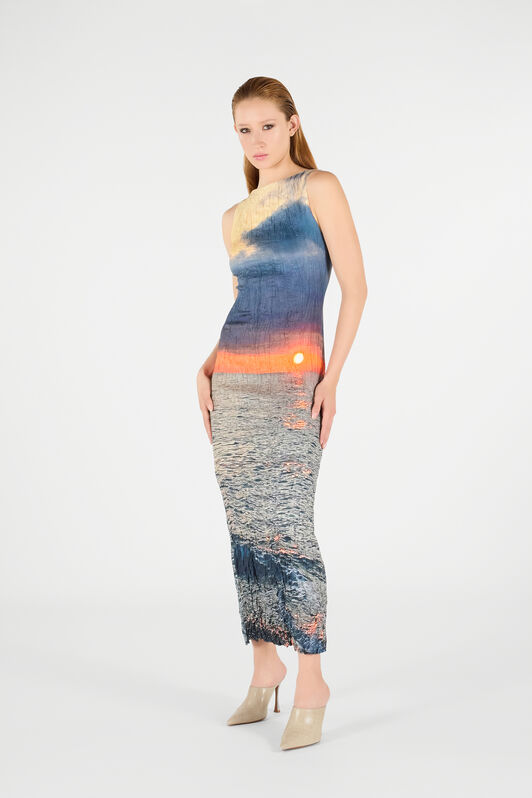 RC Langes Kleid mit Sunrise-Print Blau/Orange UWT109-4QN96