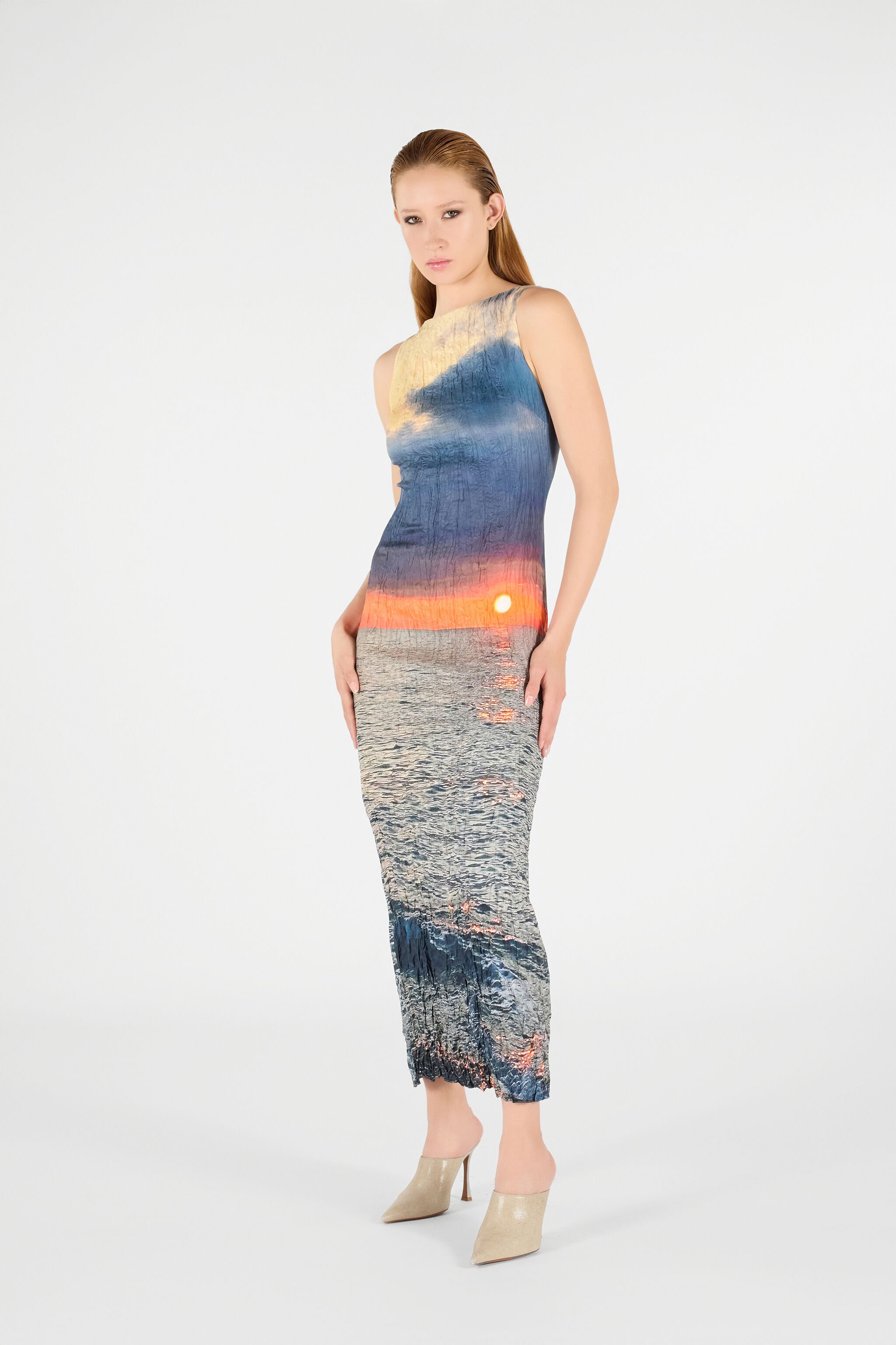 RC Langes Kleid mit Sunrise-Print Blau/Orange UWT109-4QN96