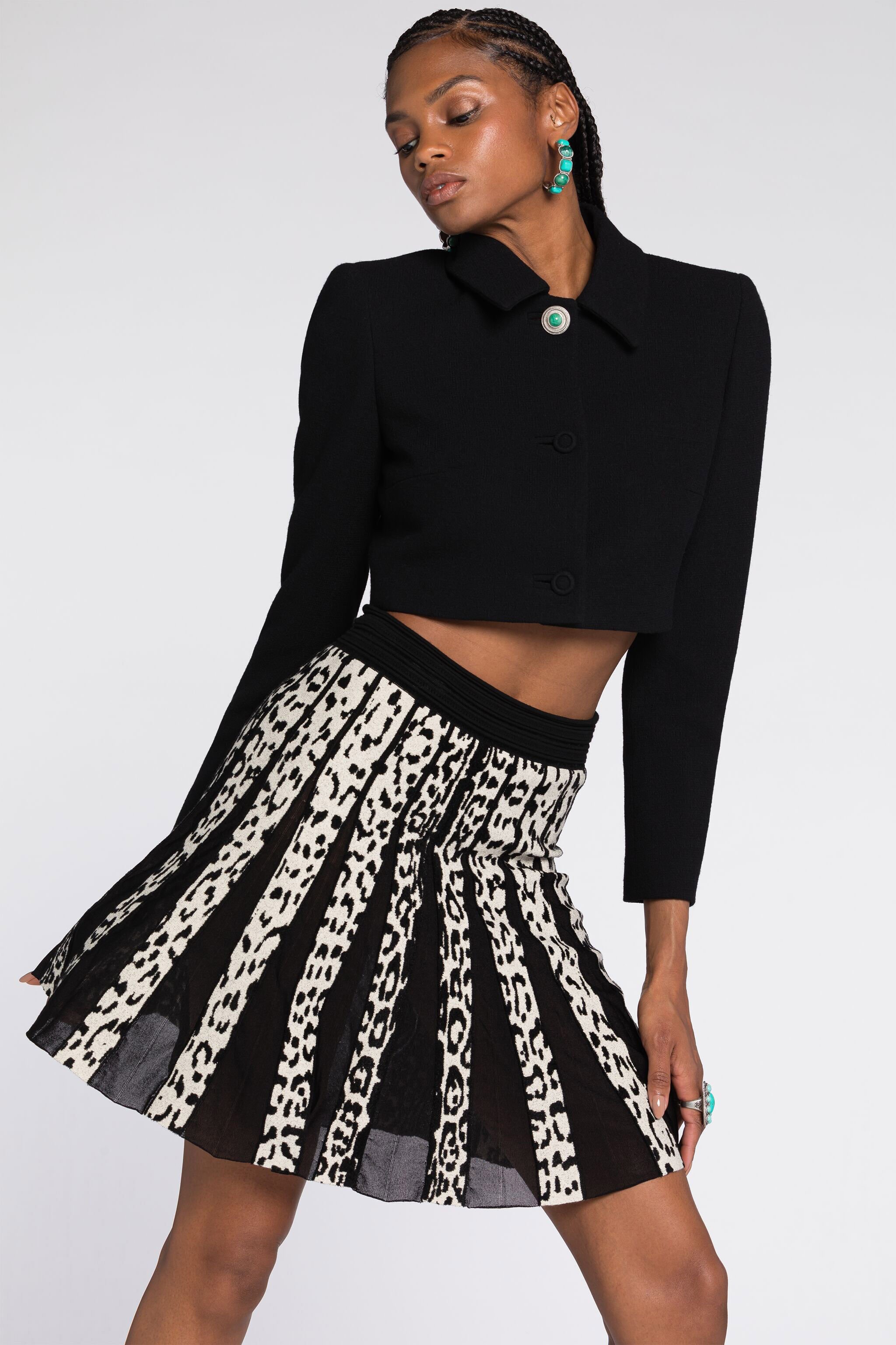 Leopard Print Pleated Mini Skirt in Black White for Women Roberto Cavalli