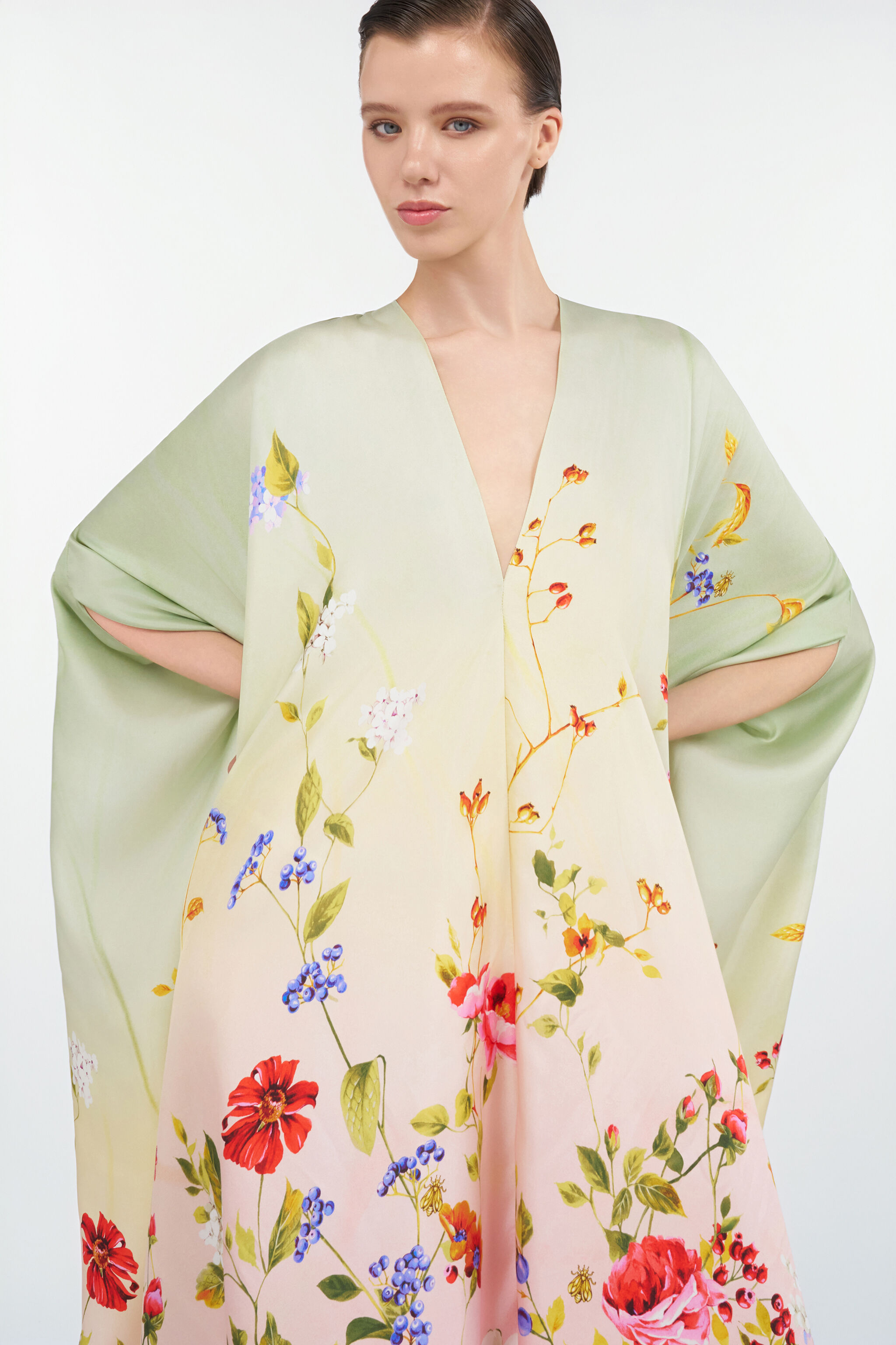 Silk Kaftan with Miami Flowers Print in GREEN/FUCHSIA for Women