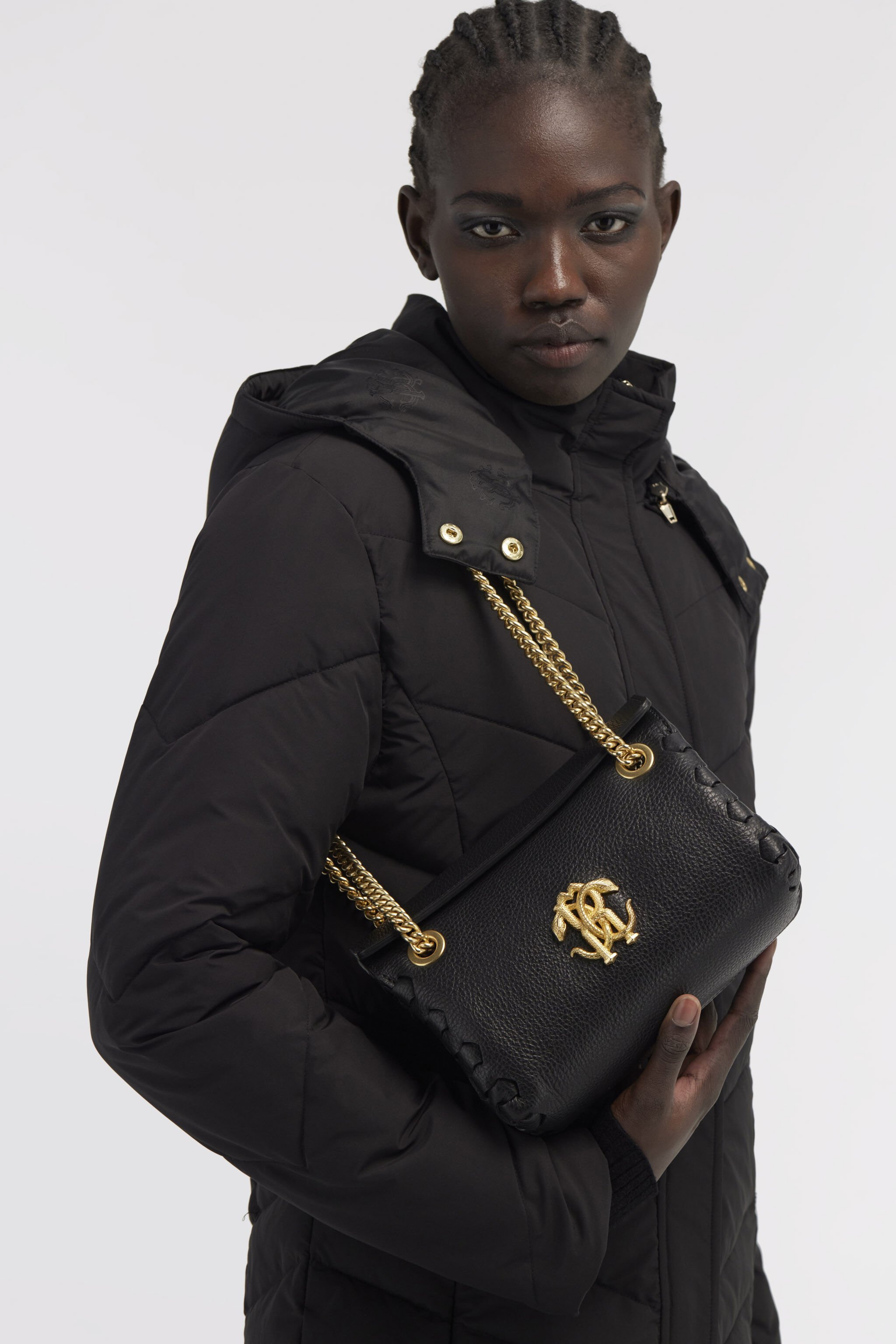Mirror Snake Leather Shoulder Bag in Nero da Donna Roberto Cavalli