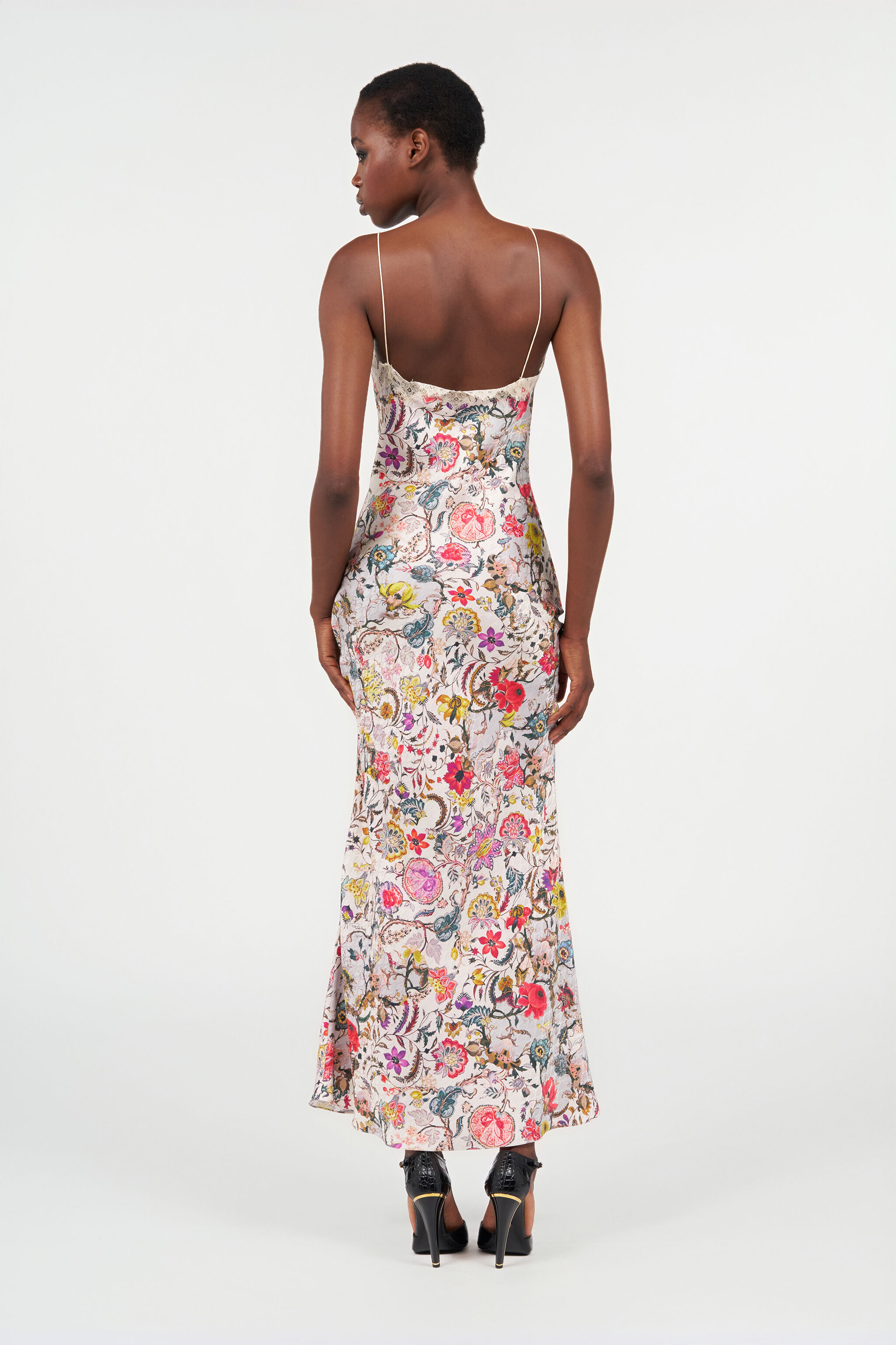 Long Silk Dress with Florentine Flowers Print in BEIGE for Women