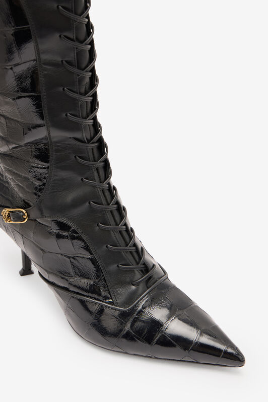 RC Pointed Lace-Up Boots in Crocodile-Effect Schwarz VKS017-PZ579