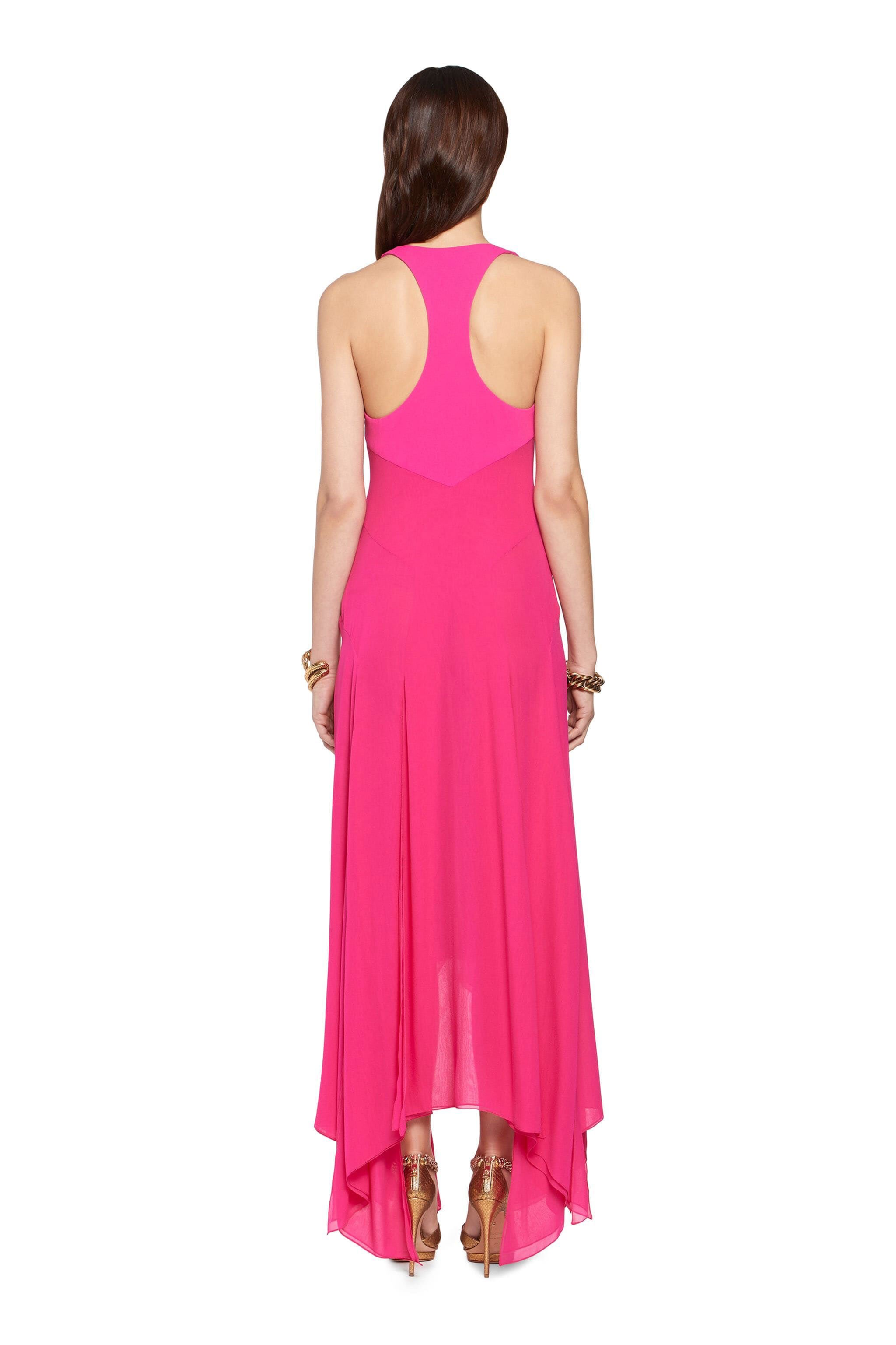 RC Long geranium silk georgette dress Fucsia HQT130-GG001