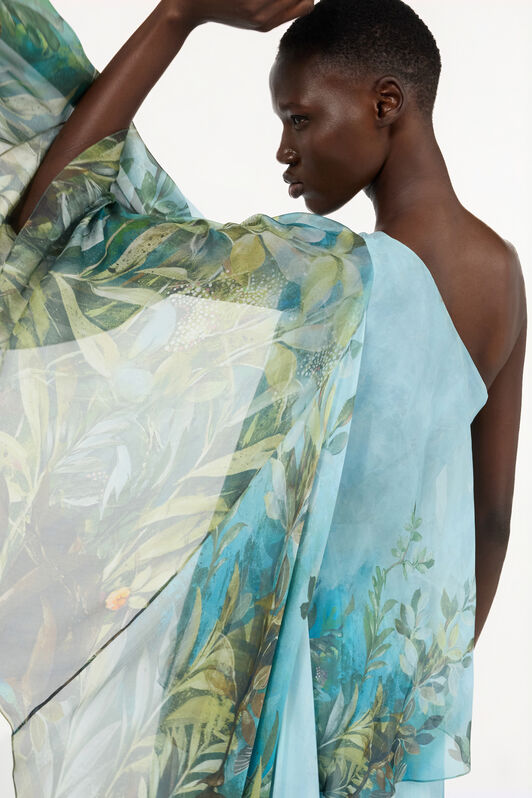 RC Extra-Long Silk Dress with Nature Print Green/Blue VWT136-XTQ70