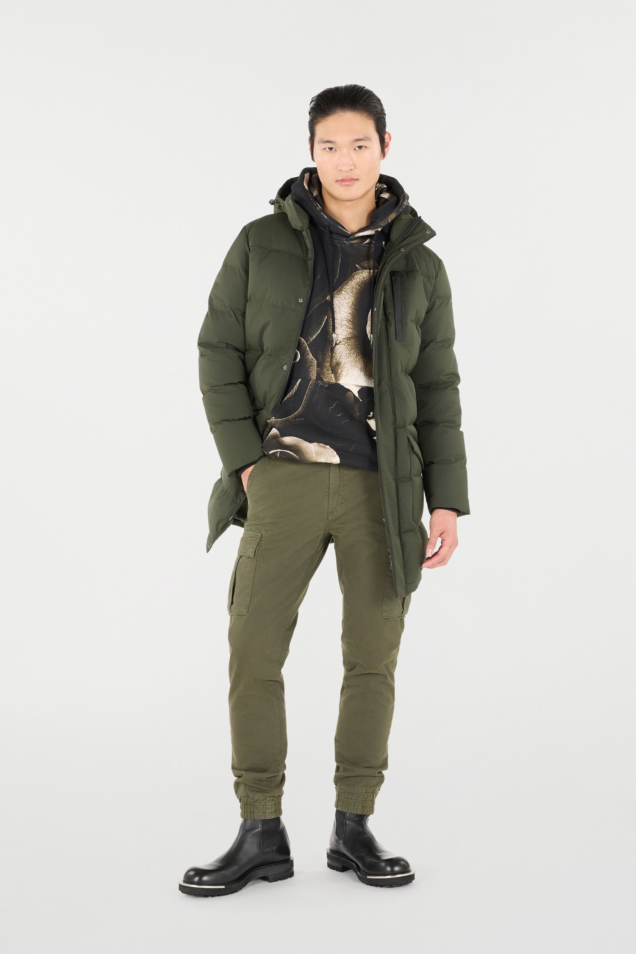 RC Long Quilted Down Jacket with Hood MILITARY GREEN OOT40G-DJ001