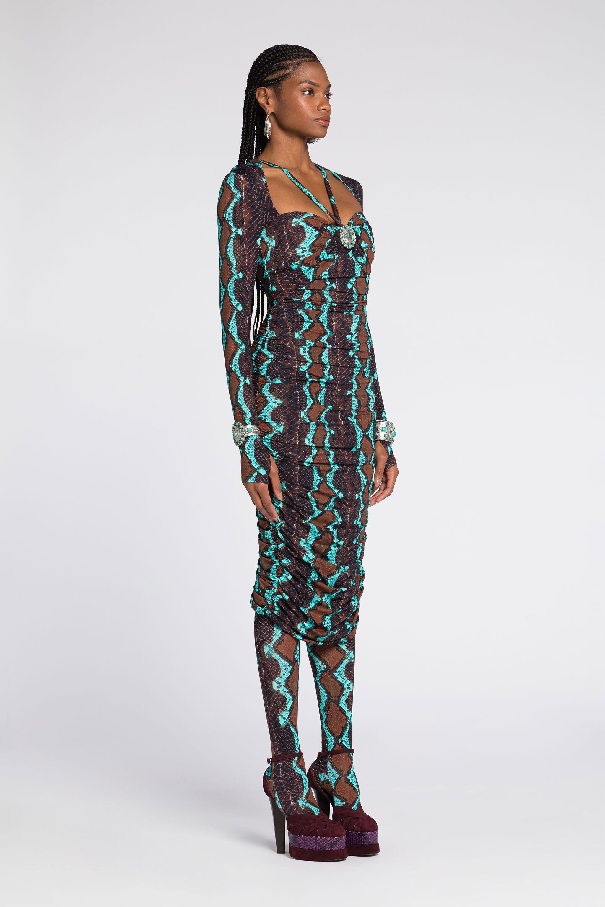 RC Snakeskin-Print Midi Dress Dark brown/Light blue RKT171-LNH22