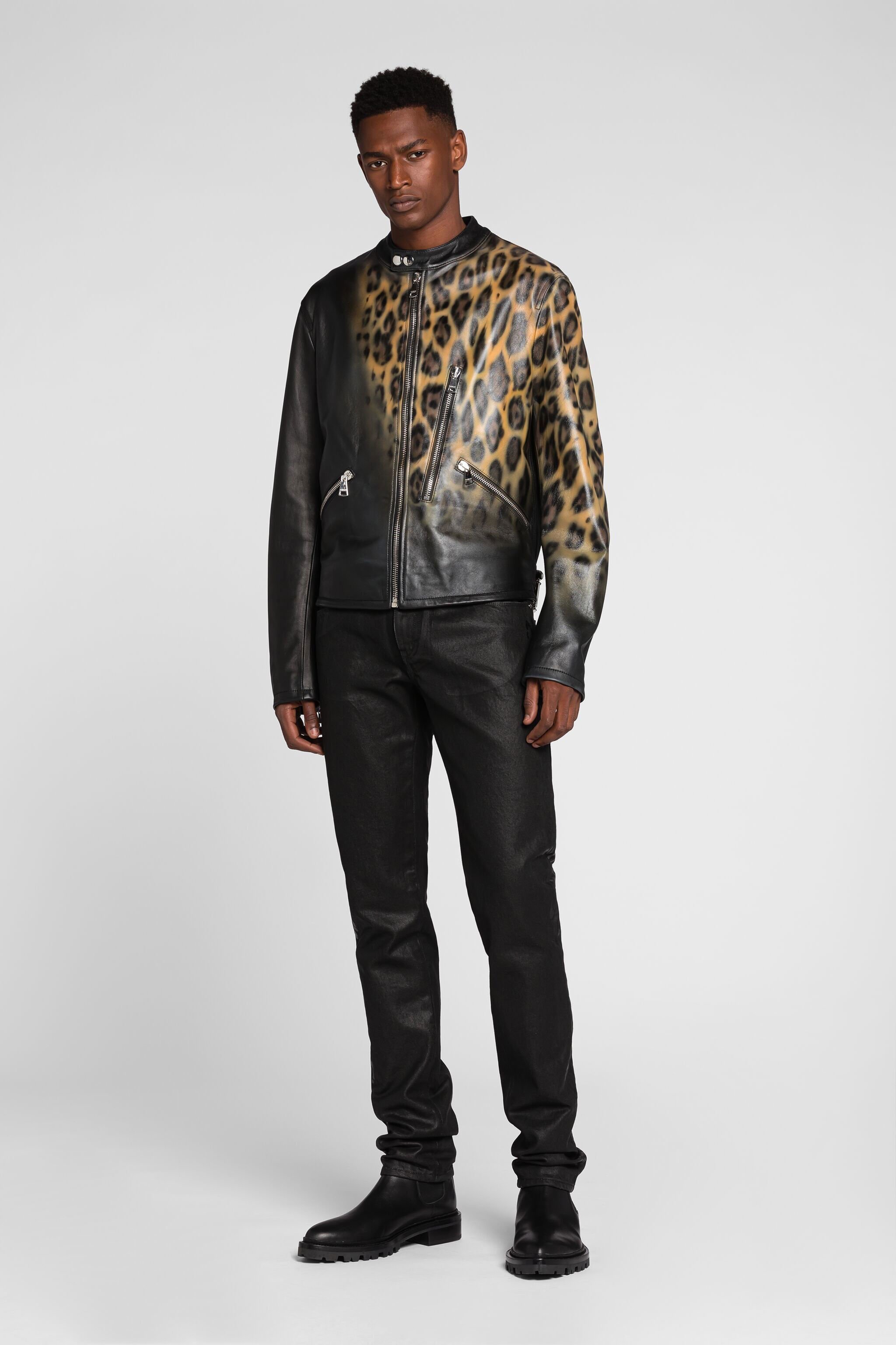 RC Leopard print leather bomber jacket Black QRP811-PFF22