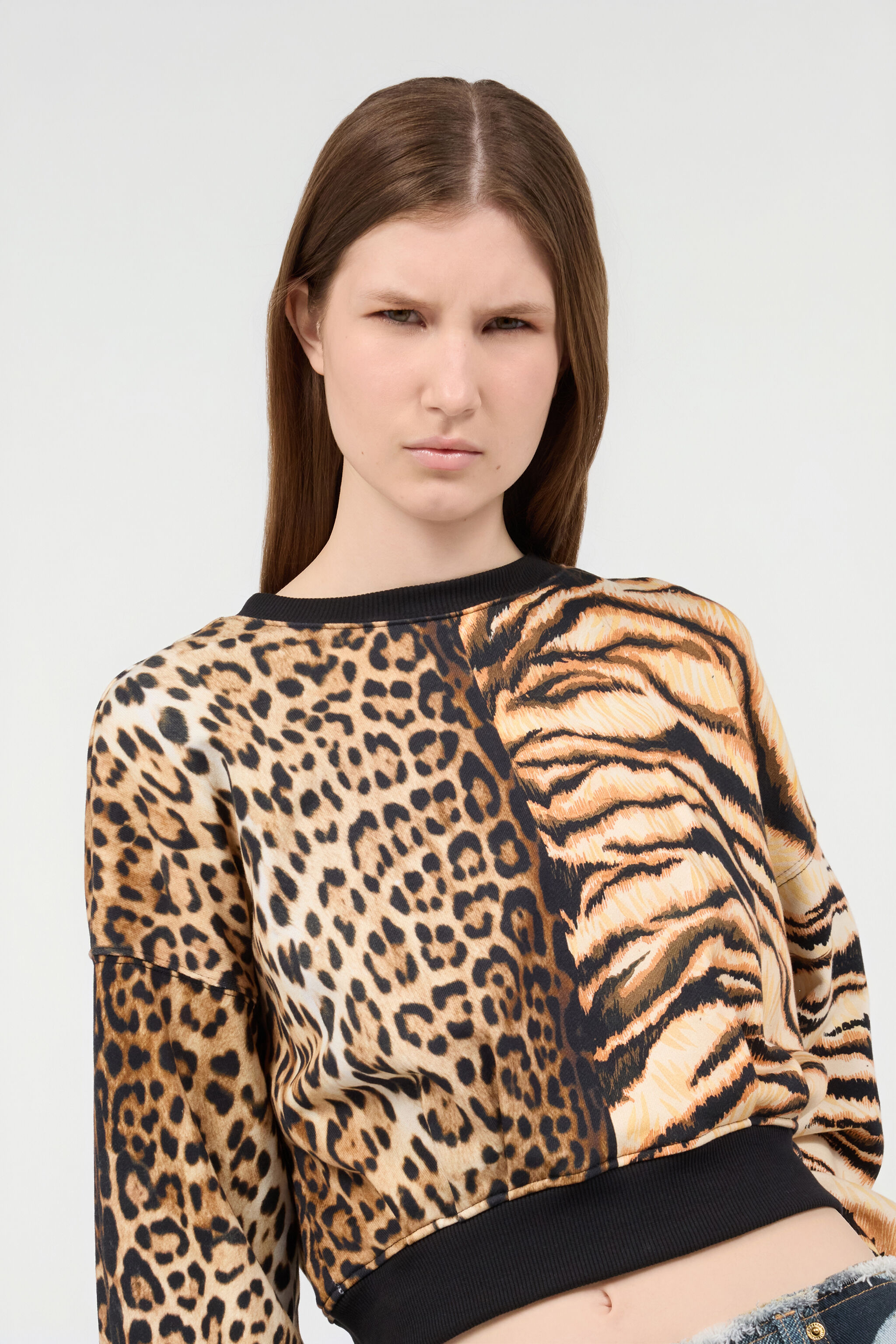 RC Animalier Patchwork-Print Cotton Sweatshirt Light Brown RKT64C-2OH82