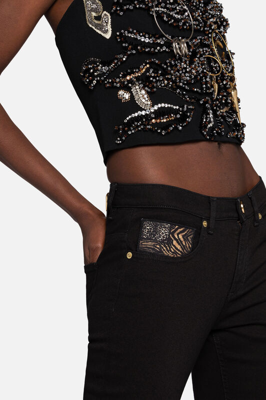 RC Animalier Patchwork-Print Appliqué Slim-Fit Jeans Black NQJ232-DE001