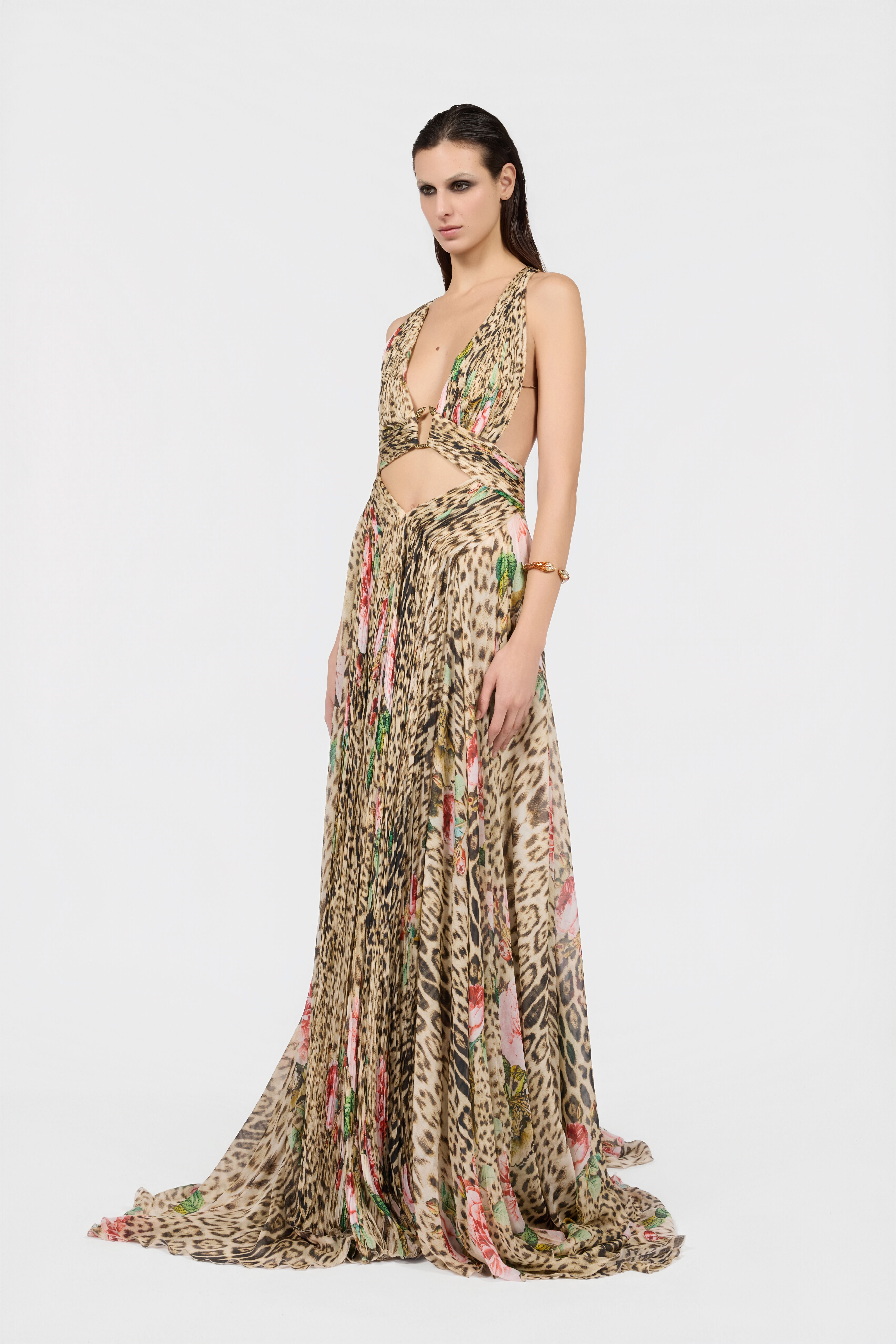 RC Jaguar Roses Print Silk  Dress NATURAL XQT158-HNT24