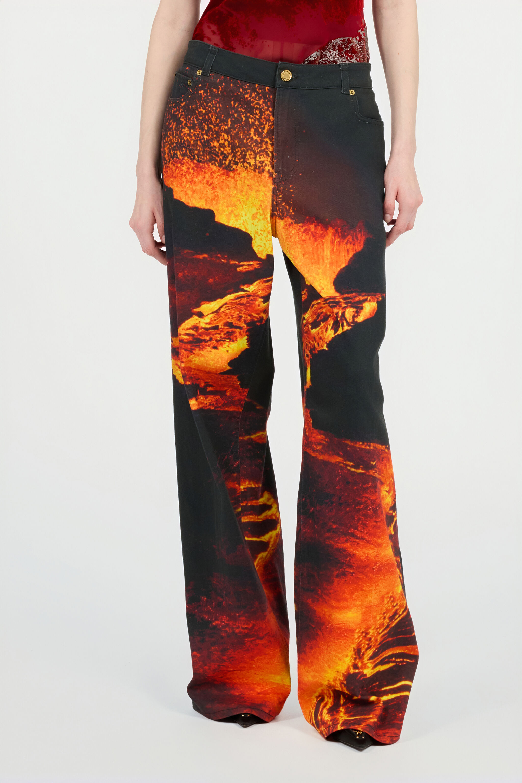 RC Stretch Denim Jeans With Lava Print Black/Orange VWJ207-DAQ76
