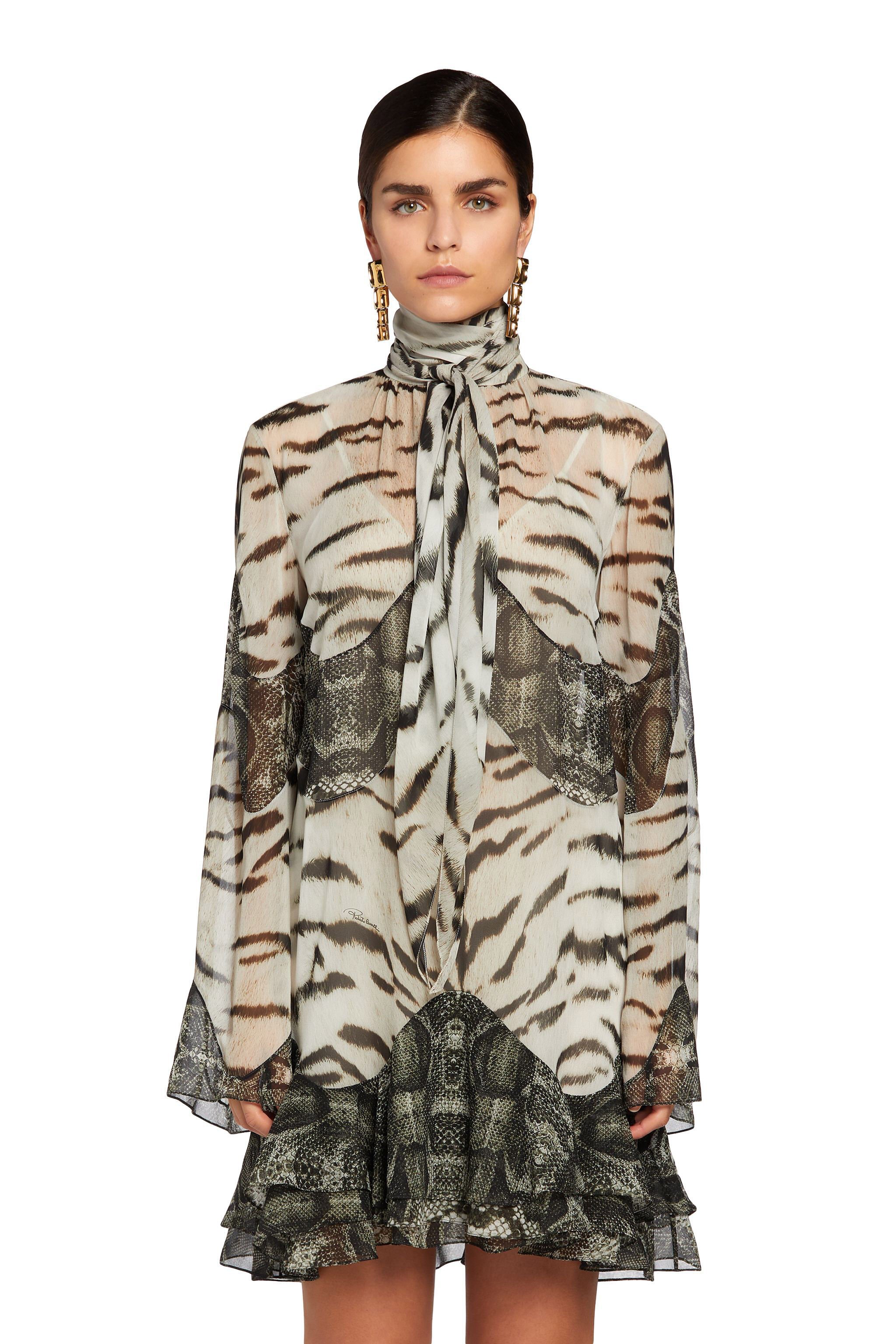 RC Mini-robe en soie à imprimé La Tigresse et Reptilia Noir/Blanc MQT135-GFA48