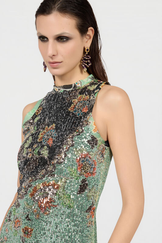 RC Kimono Print Sequined Mini Dress RC Kimono Print Sequined Mini Dress GREEN/BLACK XQT170-VXT25