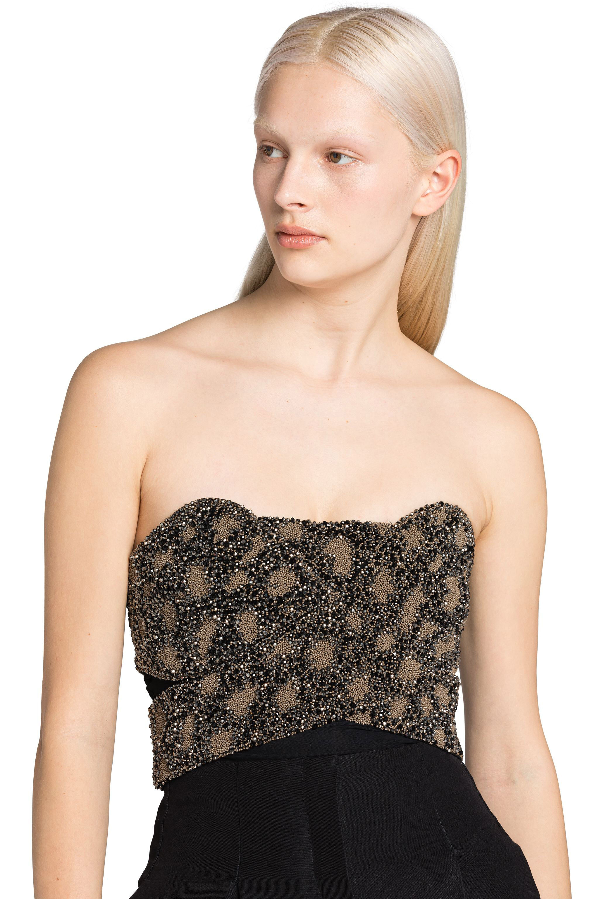 RC Bead-Embellished Wrap-Effect Bodysuit Black GWR629-RT026