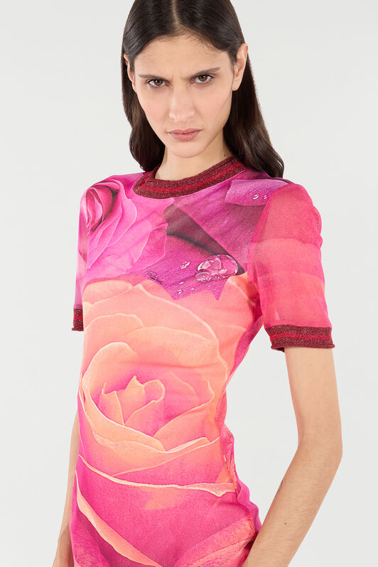 RC Short Rose-Print Dress With Glittery Trims Fuchsia UKT12A-6HN48