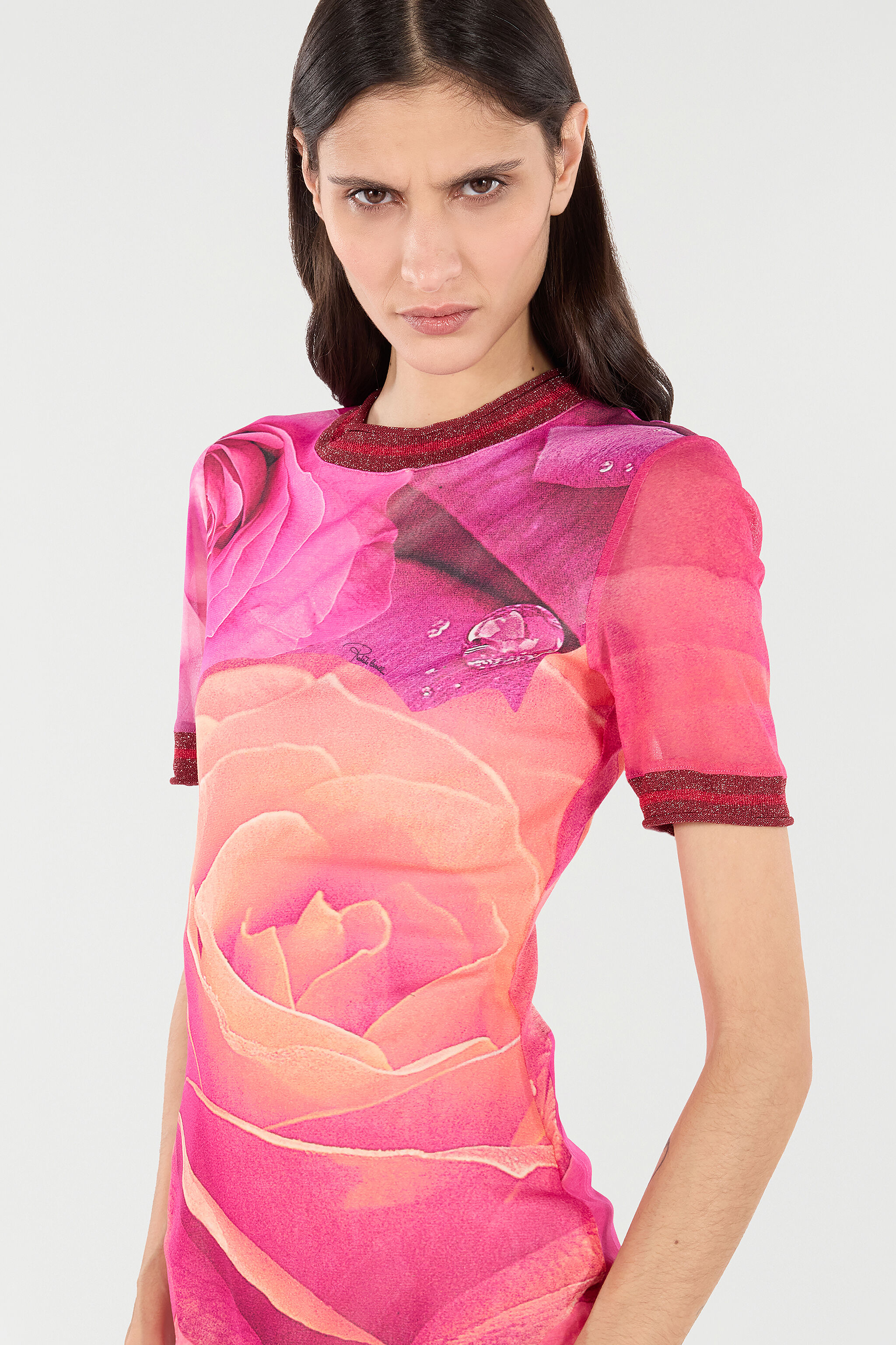RC Short Rose-Print Dress With Glittery Trims Fuchsia UKT12A-6HN48