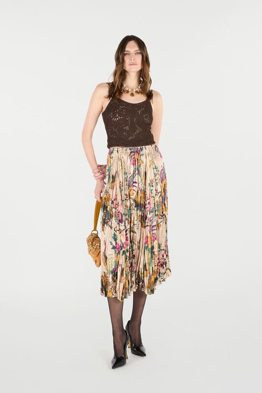 RC Midi Skirt with Floral and Pheasant Print RC Midi Skirt with Floral and Pheasant Print Ivory/Pink VKT306-TYP76