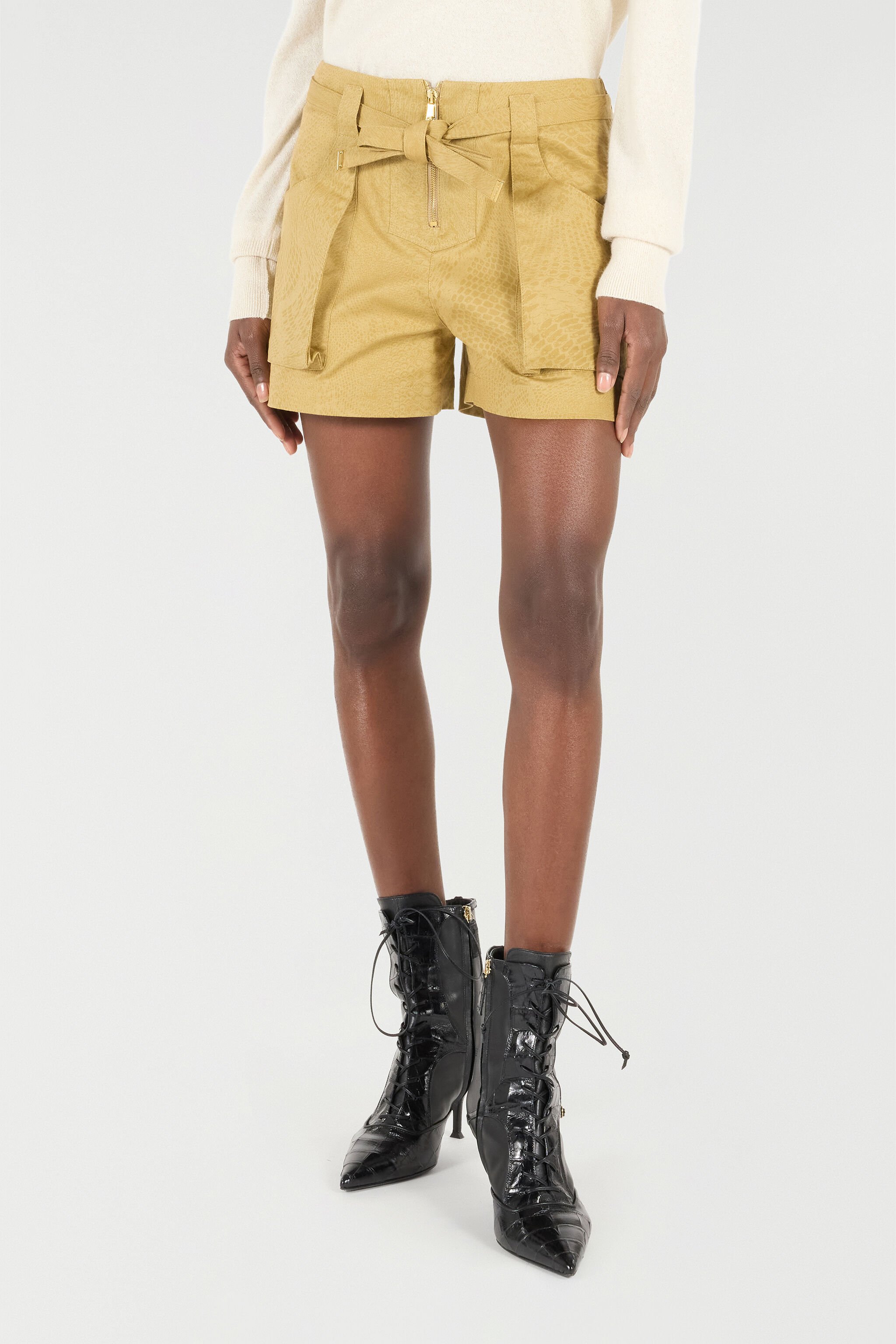RC Belted Shorts With Python Print Light Brown UKT212-4NN53