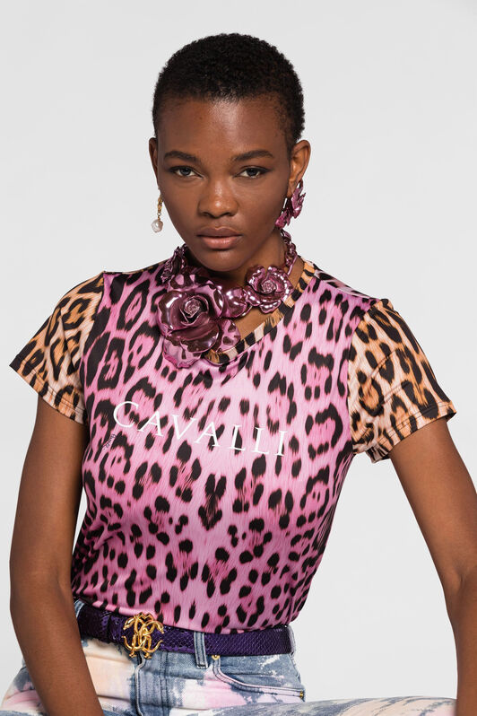 RC Leopard-print two-tone T-shirt RC Leopard-print two-tone T-shirt Fuchsia QKT60I-LNF53