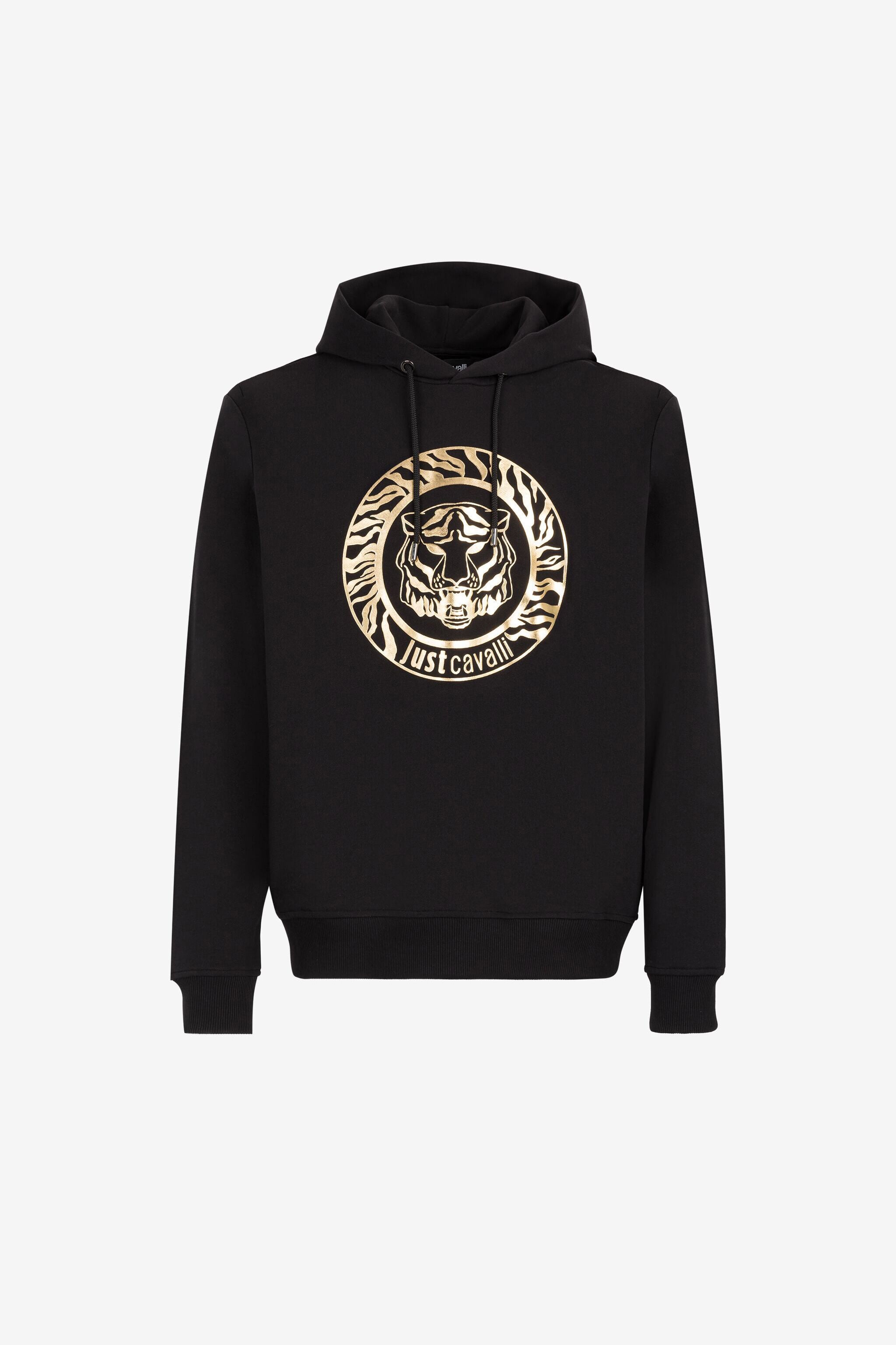 Just Cavalli Tiger And Logo-Print Hoodie in BLACK/GOLD for Men