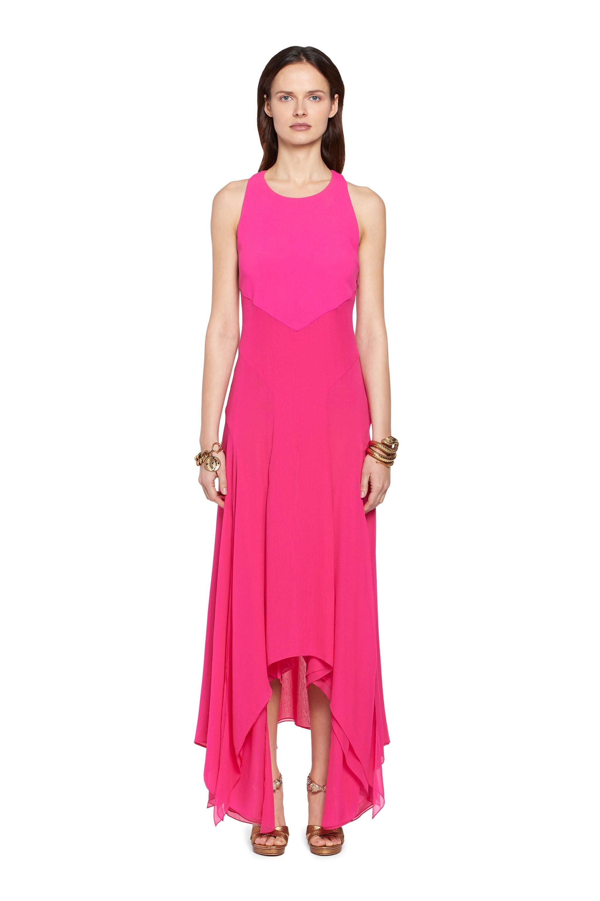 RC Long geranium silk georgette dress Fucsia HQT130-GG001