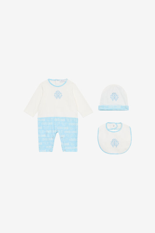 JU Set Berretto, Bavaglino E Tutina Monogram RC E Logo Azzurro UJT817-JD001