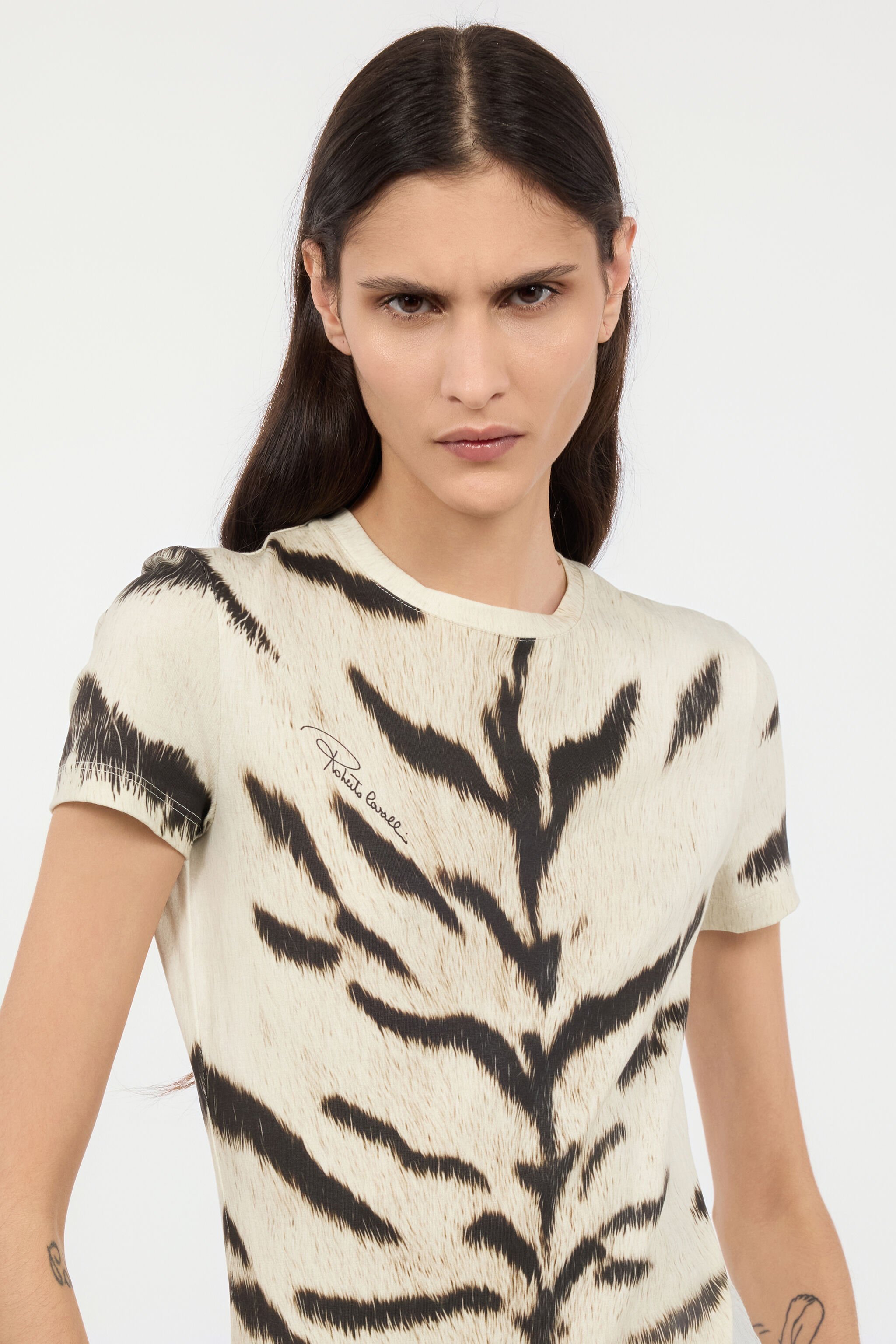 RC T-shirt da donna con stampa Tigresse Bianca OGAT X Roberto Cavalli Nero/Bianco UQT67A-3DA39
