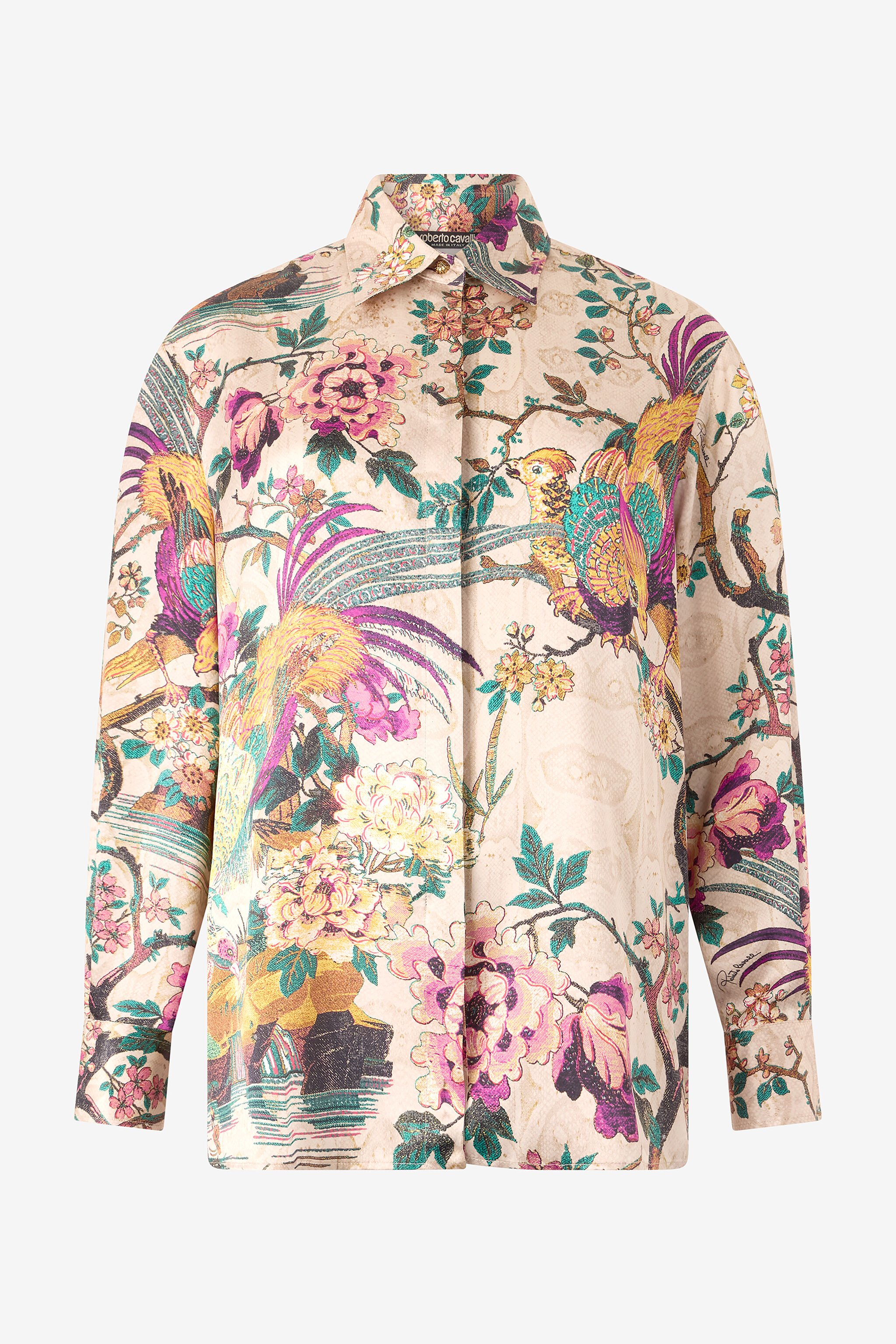 RC Silk Shirt with Floral and Pheasant Print Ivoire/Rose VKT704-TYP76