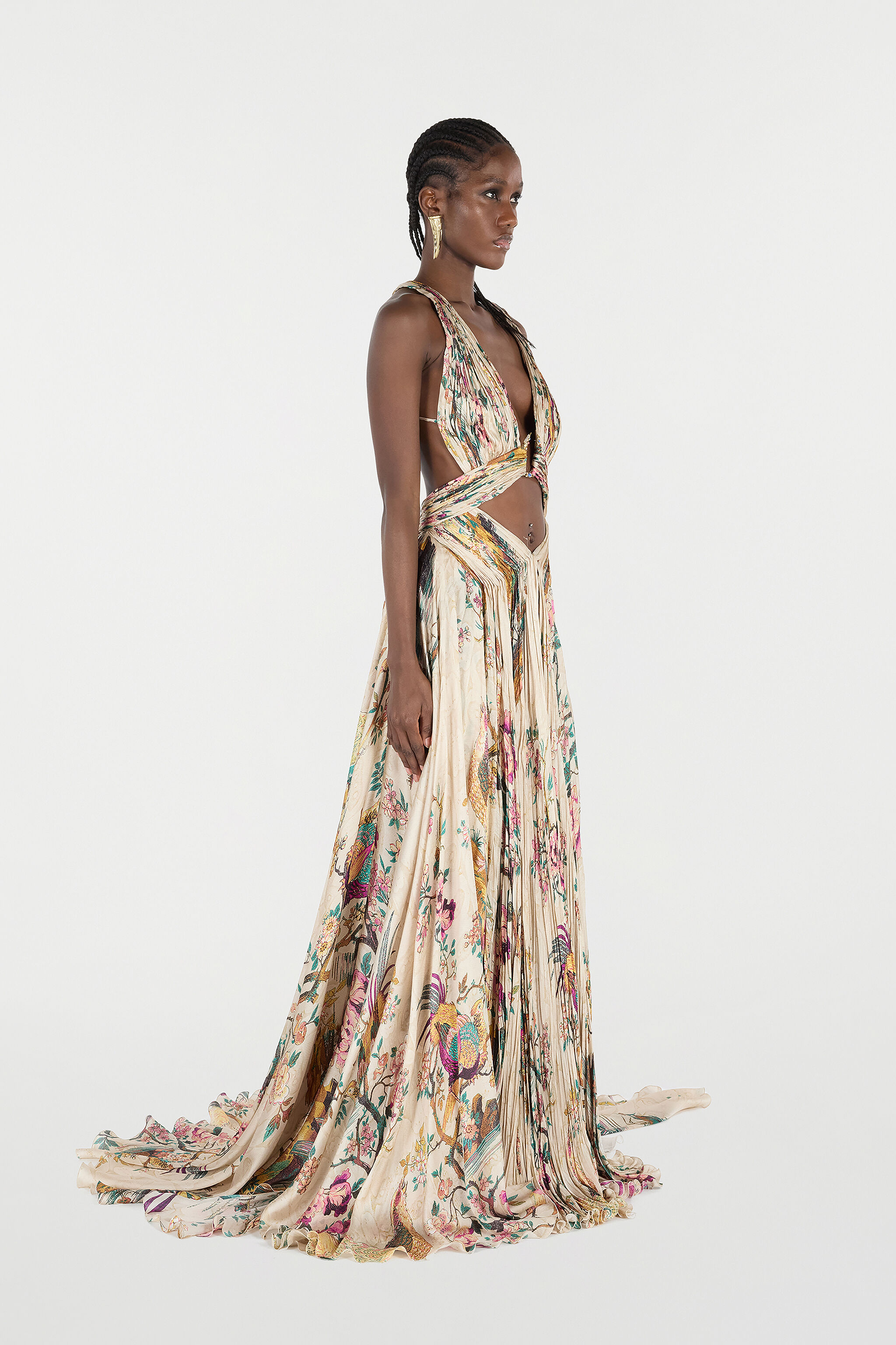 RC Extra Long Silk Dress with Floral and Pheasant Print Ivory/Pink VKT158-CTP76