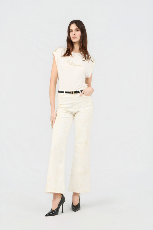 RC Elfenbeinfarbenes T-Shirt mit Logo und goldenen Applikationen IVORY SOT60K-1H003