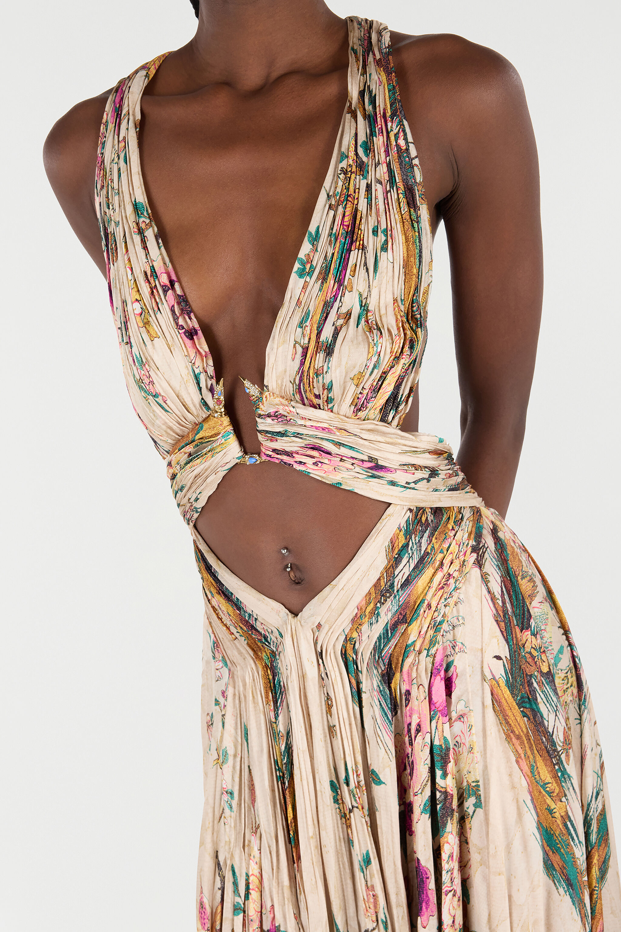 RC Extra Long Silk Dress with Floral and Pheasant Print Ivory/Pink VKT158-CTP76
