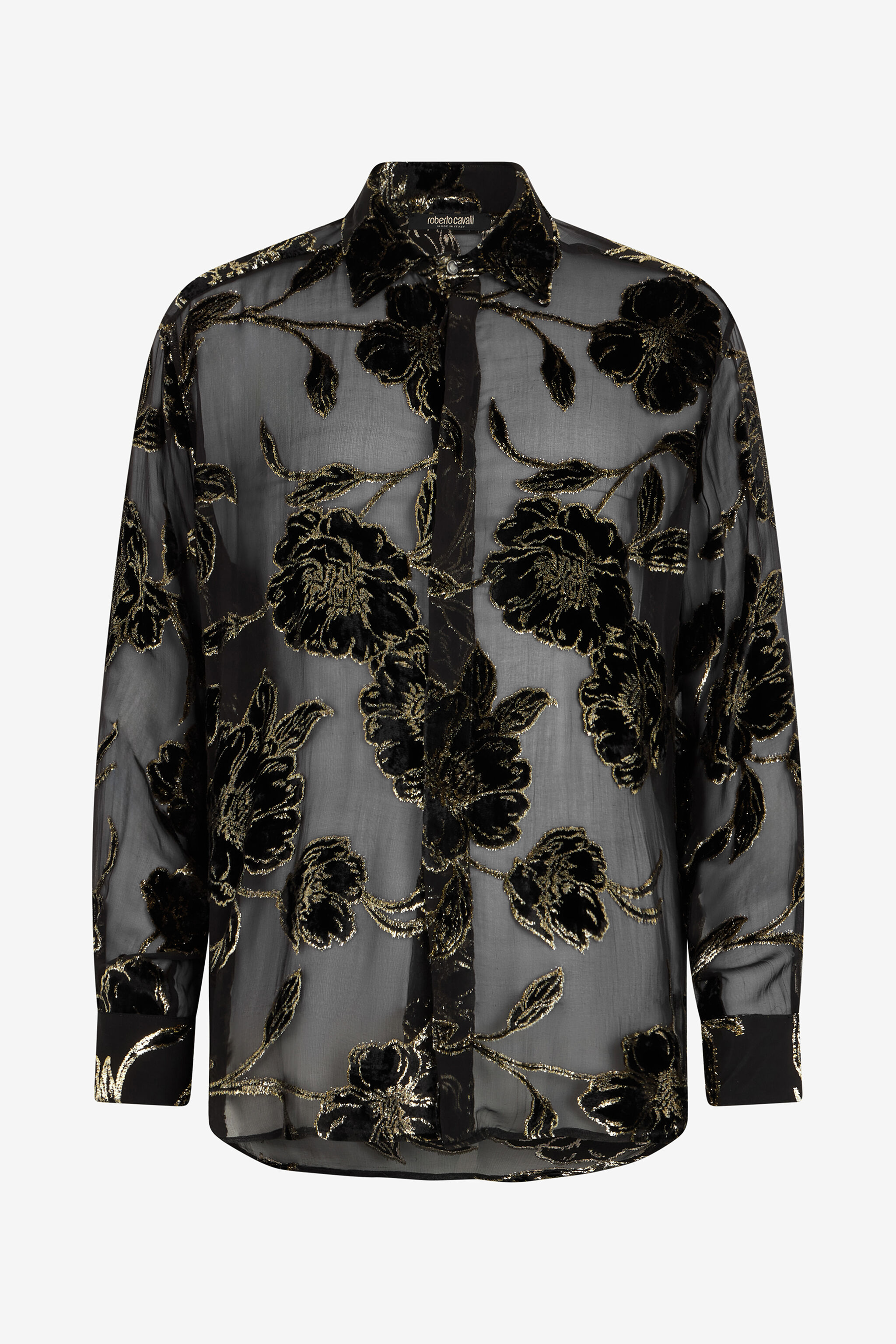 Black and Gold See-Through Shirt with Floral Pattern in BLACK AND