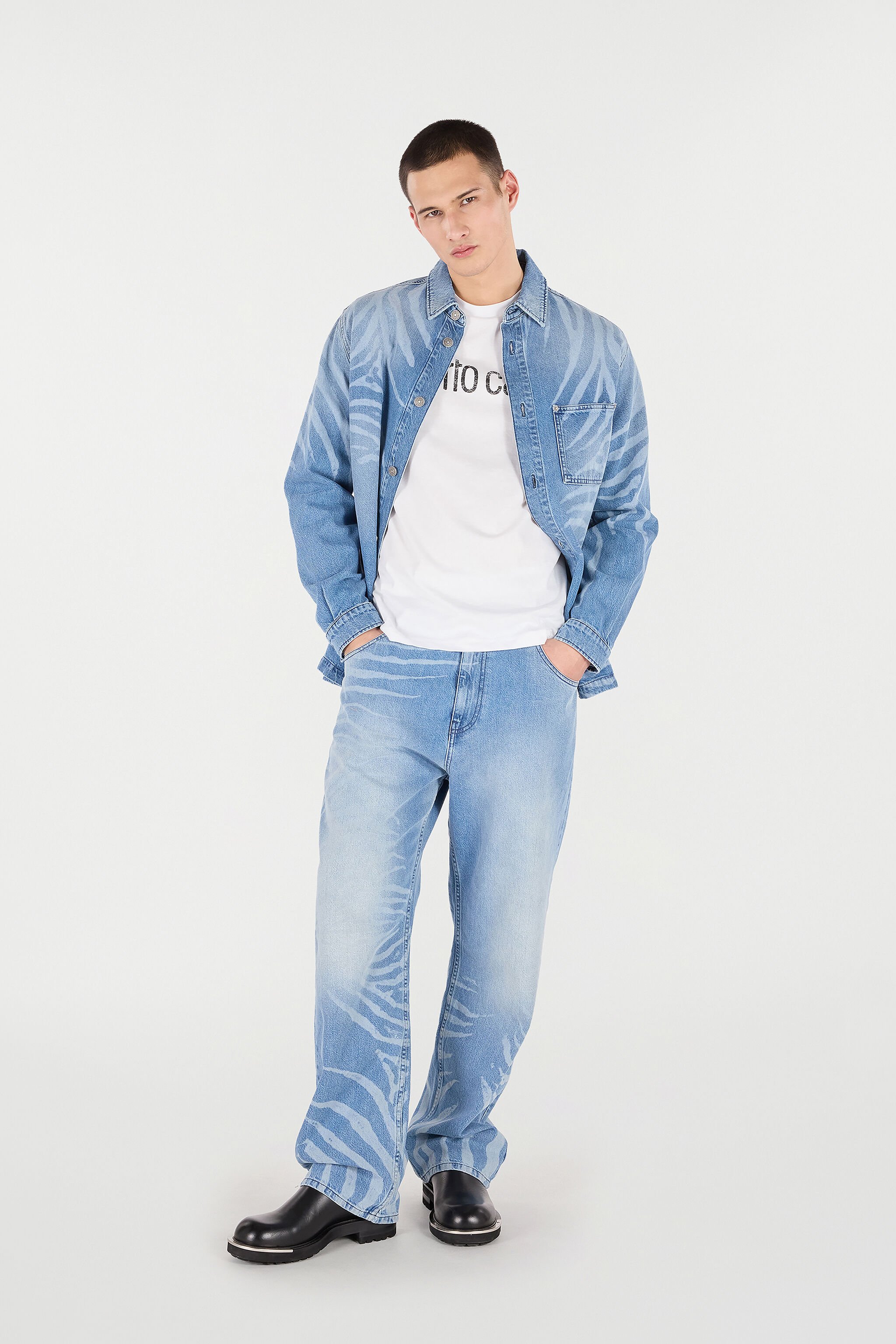 RC Denim Shirt With Tiger Skin Print Light blue URJ775-VMN73