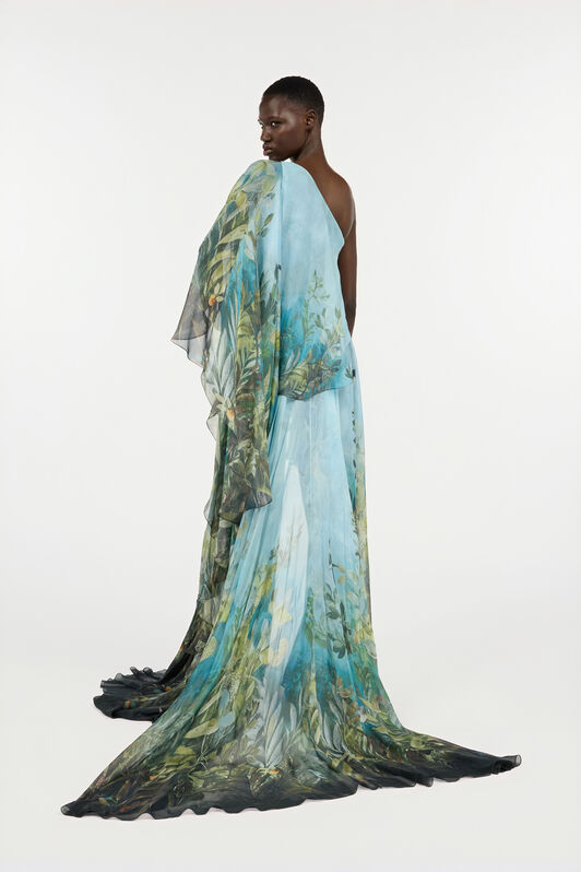RC Extra-Long Silk Dress with Nature Print Green/Blue VWT136-XTQ70