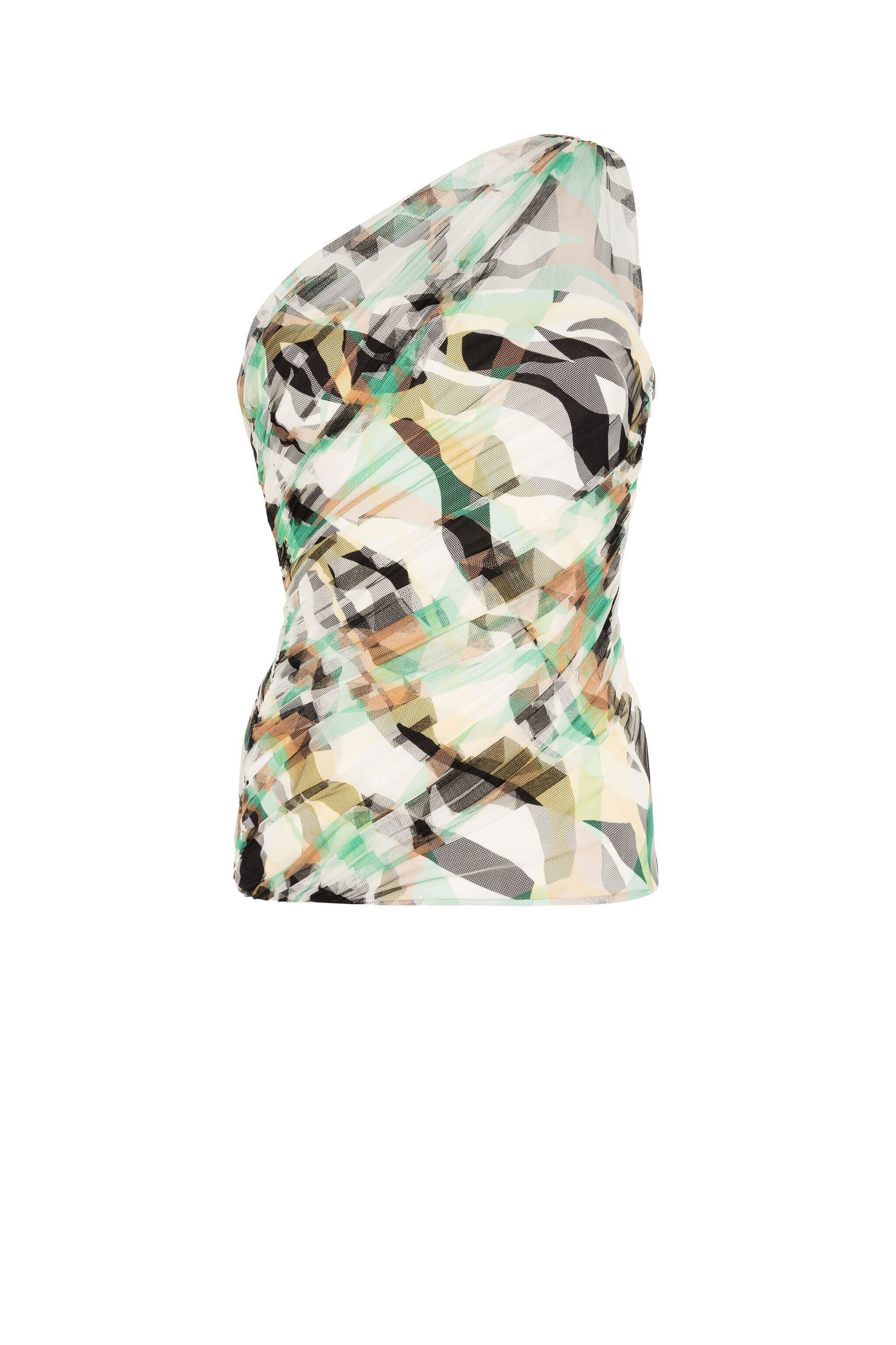 RC Abstract-Print One-Shoulder Mesh Top BLACK/ARAGONITE/GREE IWT601-6HR38