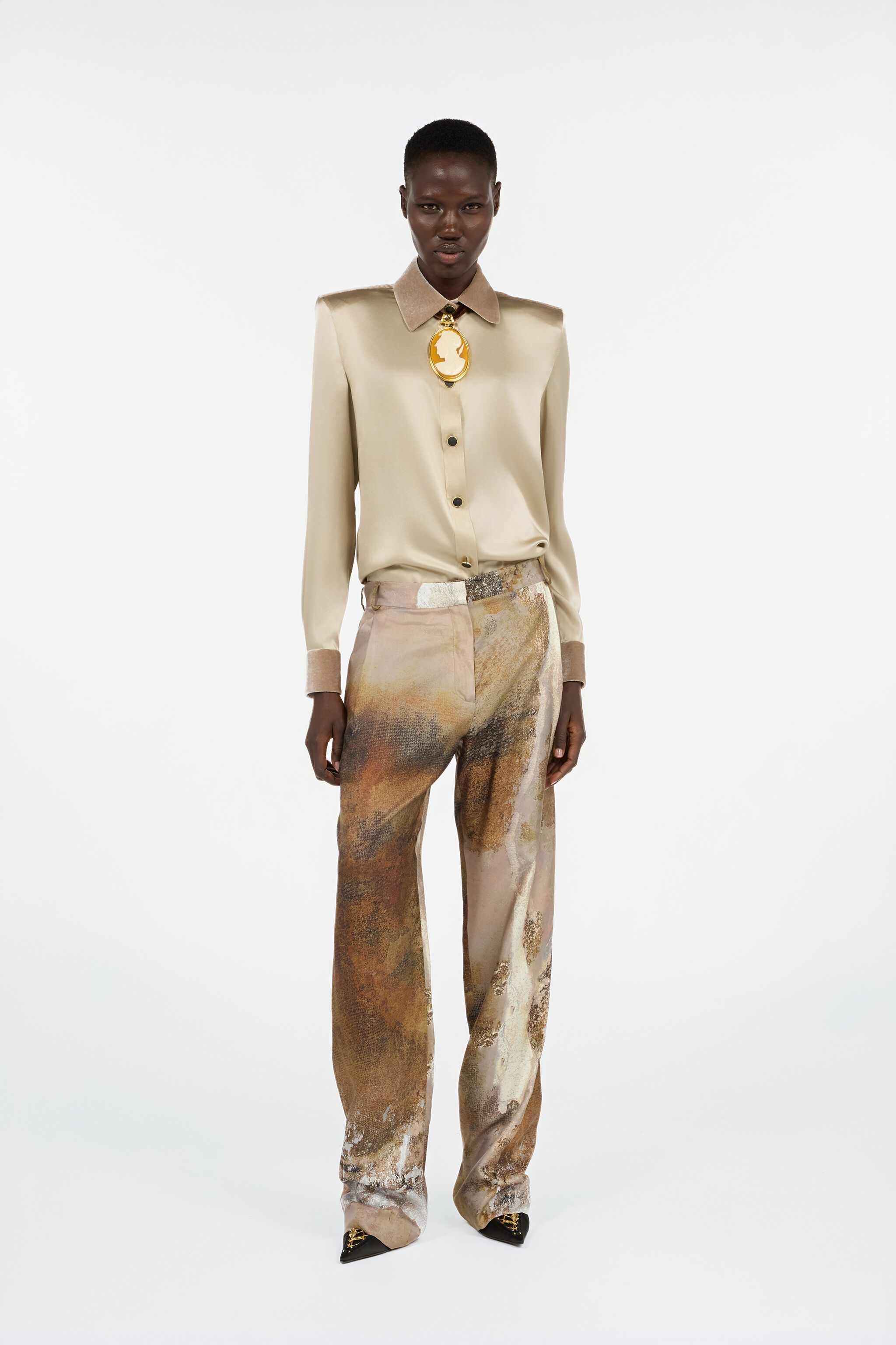 RC Beige Silk Shirt With Velvet Inserts Light Brown VWT700-SE041